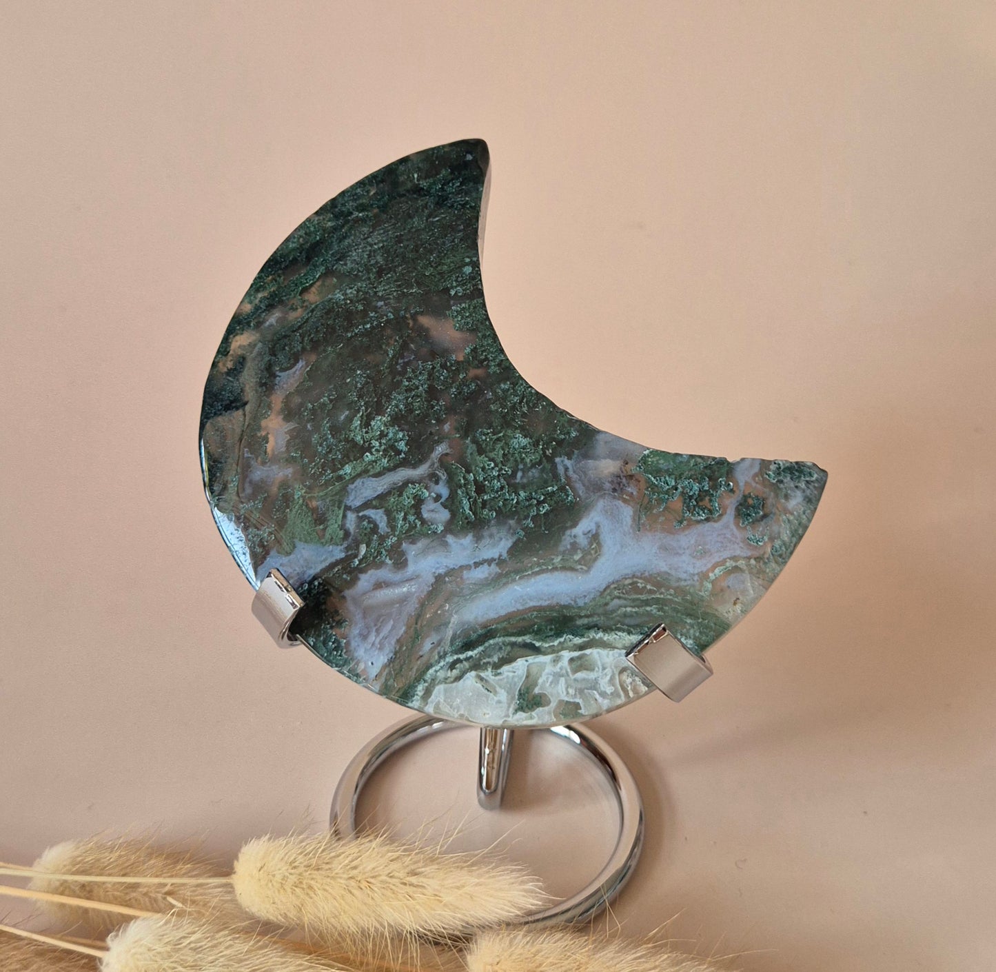 XL Edelsteen Mosagaat Maan op Standaard (Druzy & Patronen) #176 - 200gr