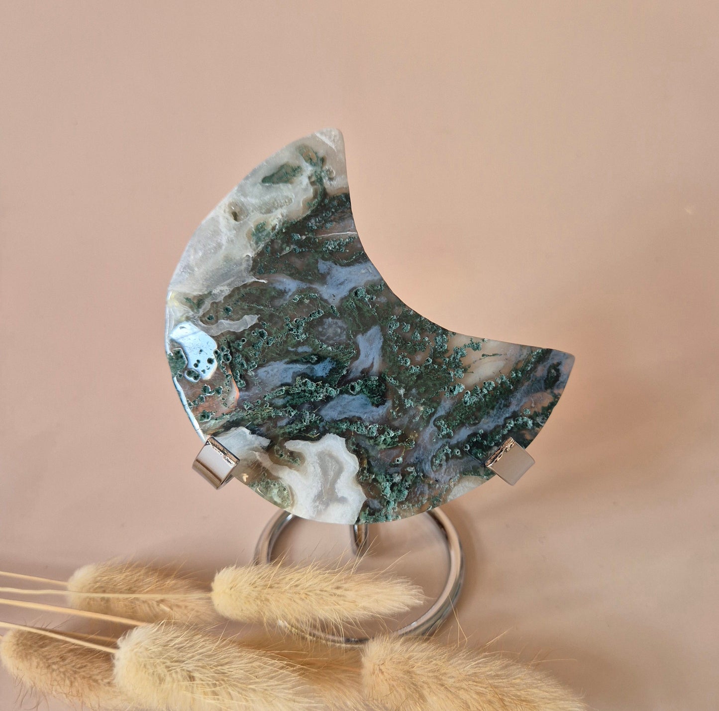 XL Edelsteen Mosagaat Maan op Standaard (Druzy & Patronen) #182 - 168gr