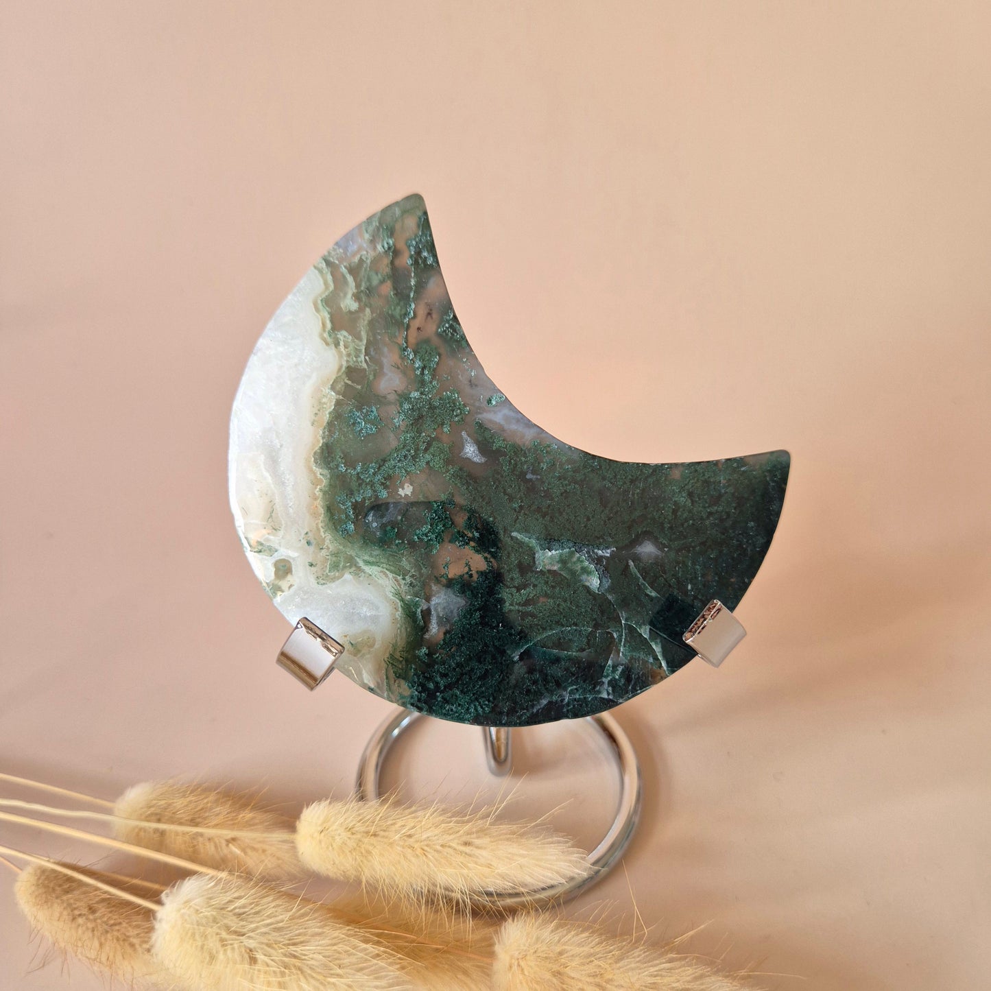 XL Edelsteen Mosagaat Maan op Standaard (Druzy & Patronen) #184 - 171gr