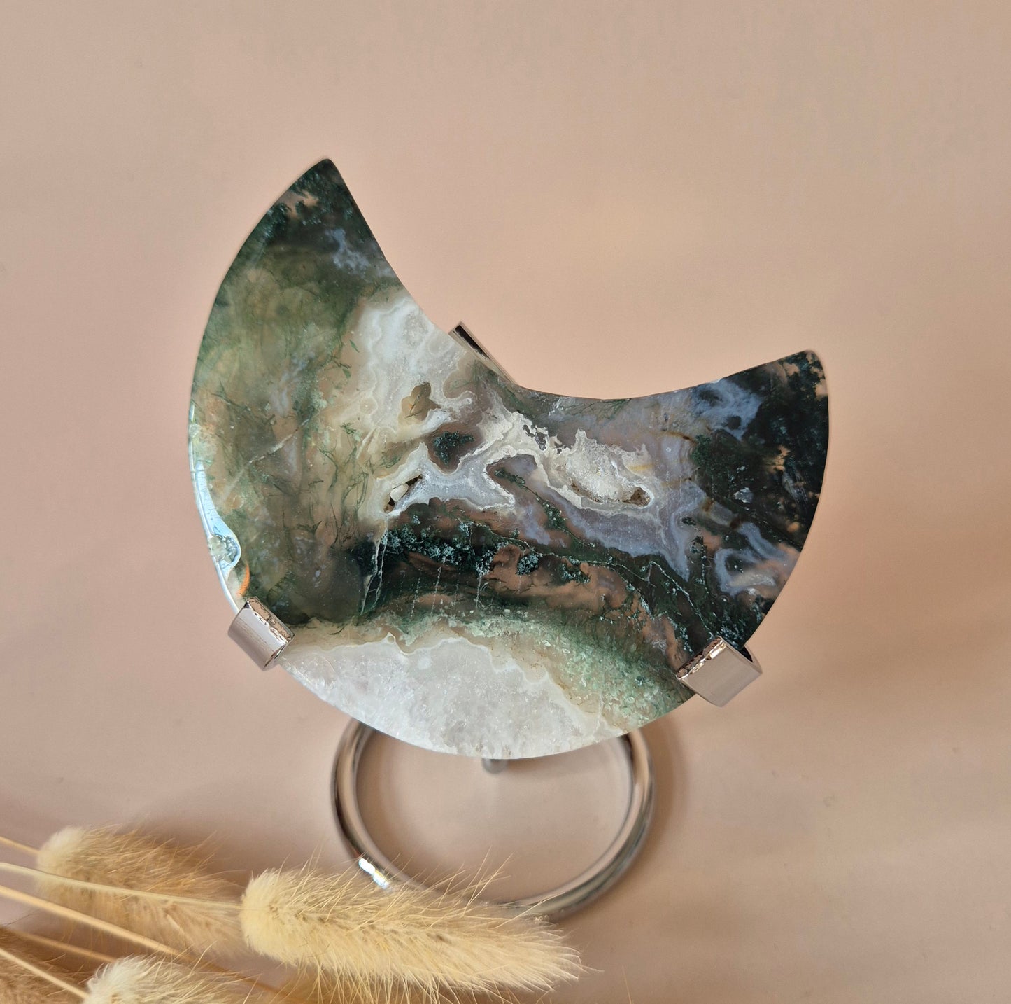 XL Edelsteen Mosagaat Maan op Standaard (Druzy & Patronen) #187 - 153gr