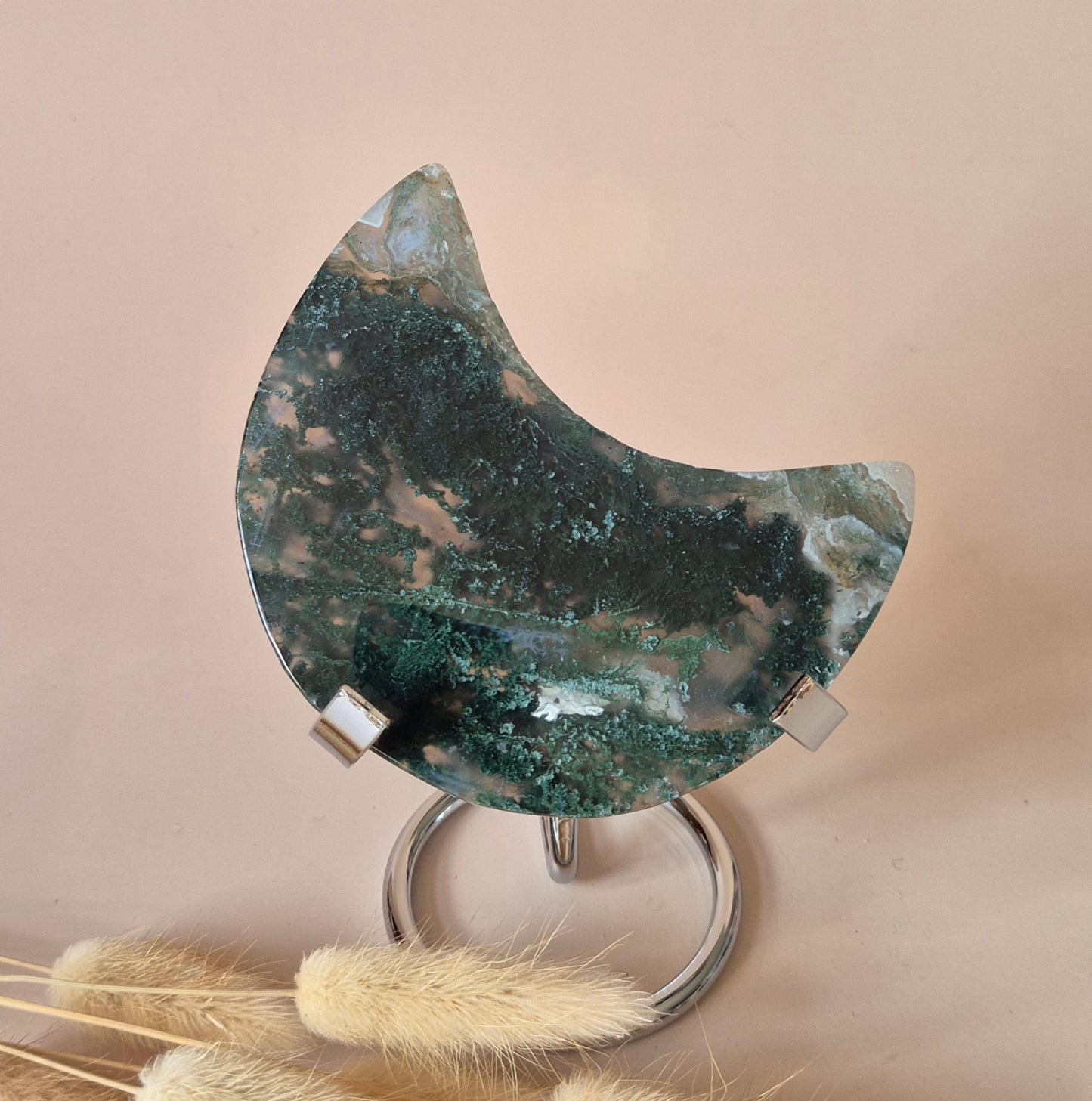 XL Edelsteen Mosagaat Maan op Standaard (Druzy & Patronen) #189 - 157gr