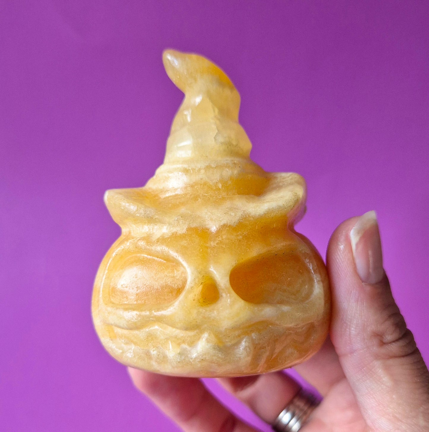 Honing Calciet Halloween Pompoen met Hoed – ca. 7 cm - Edelsteen Decoratie