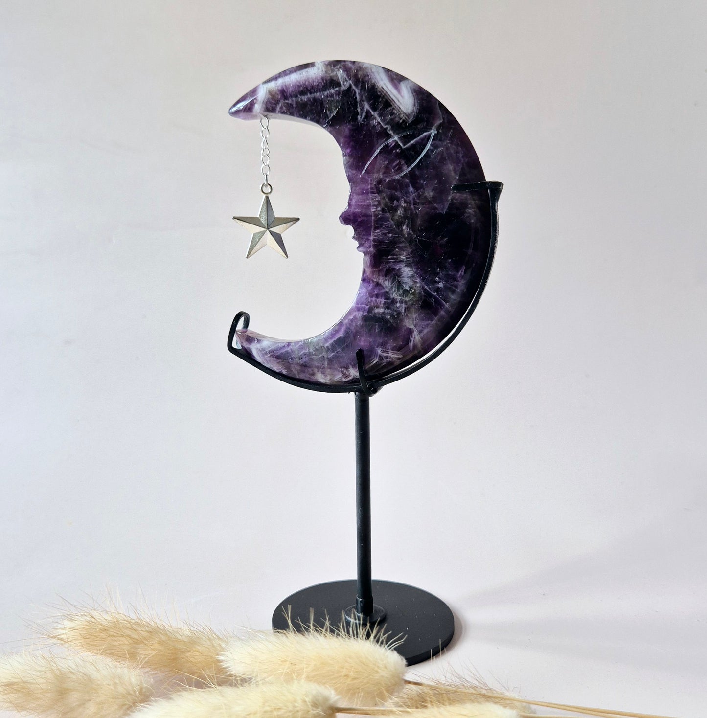 Rosenquarzmond mit Silberstern – 10cm | Edelstein-Gesichtsgravur Spirituelles Interieur