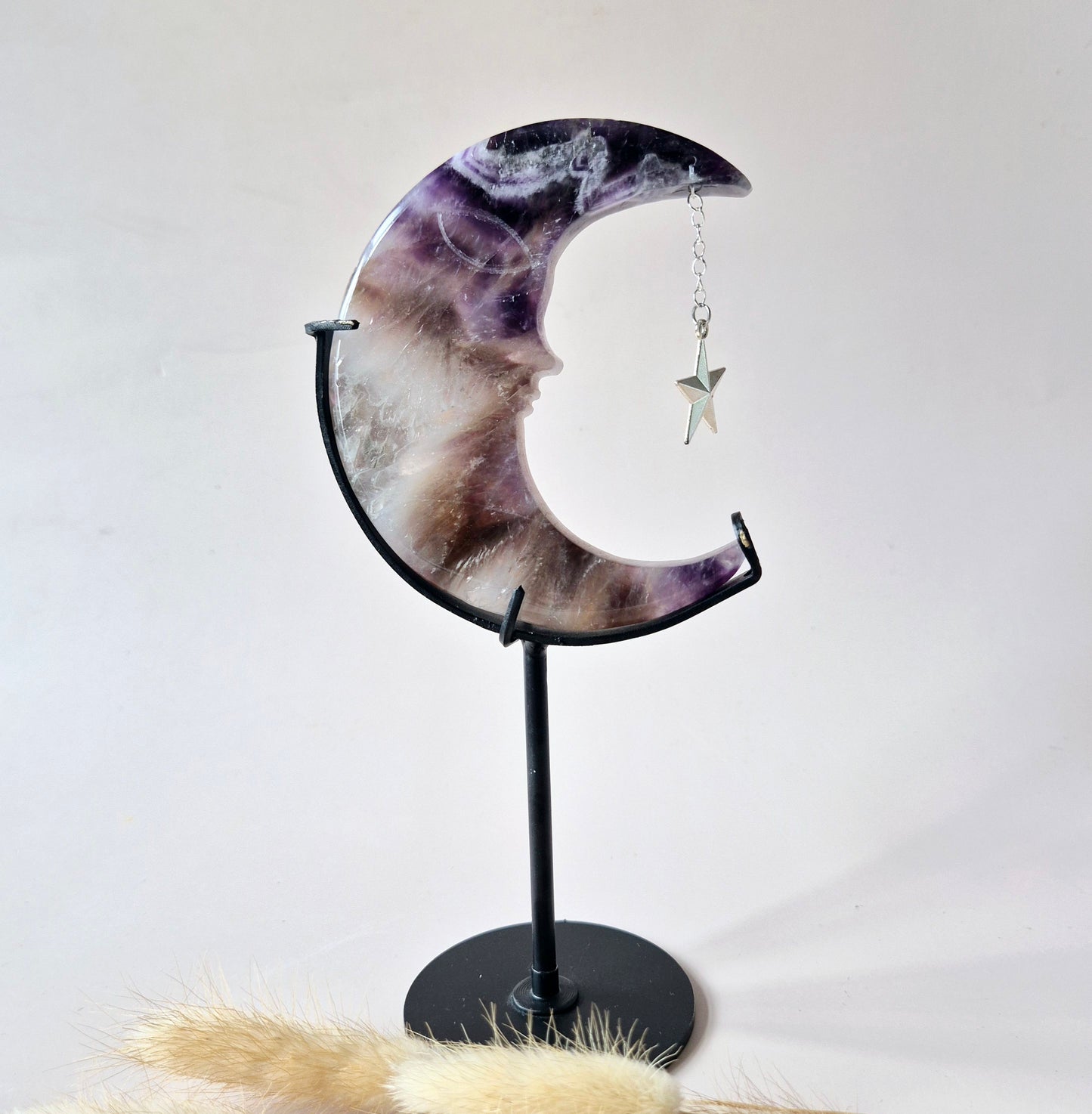 Rosenquarzmond mit Silberstern – 10cm | Edelstein-Gesichtsgravur Spirituelles Interieur
