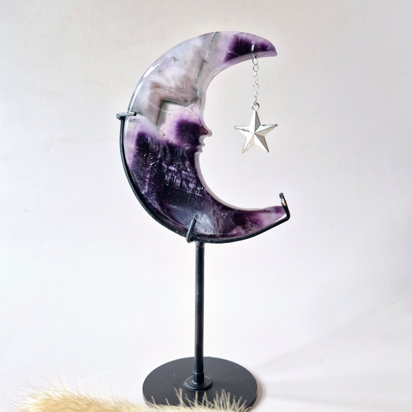 Rosenquarzmond mit Silberstern – 10cm | Edelstein-Gesichtsgravur Spirituelles Interieur