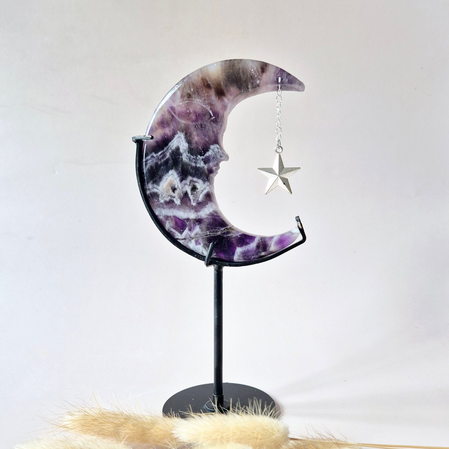 Rosenquarzmond mit Silberstern – 10cm | Edelstein-Gesichtsgravur Spirituelles Interieur