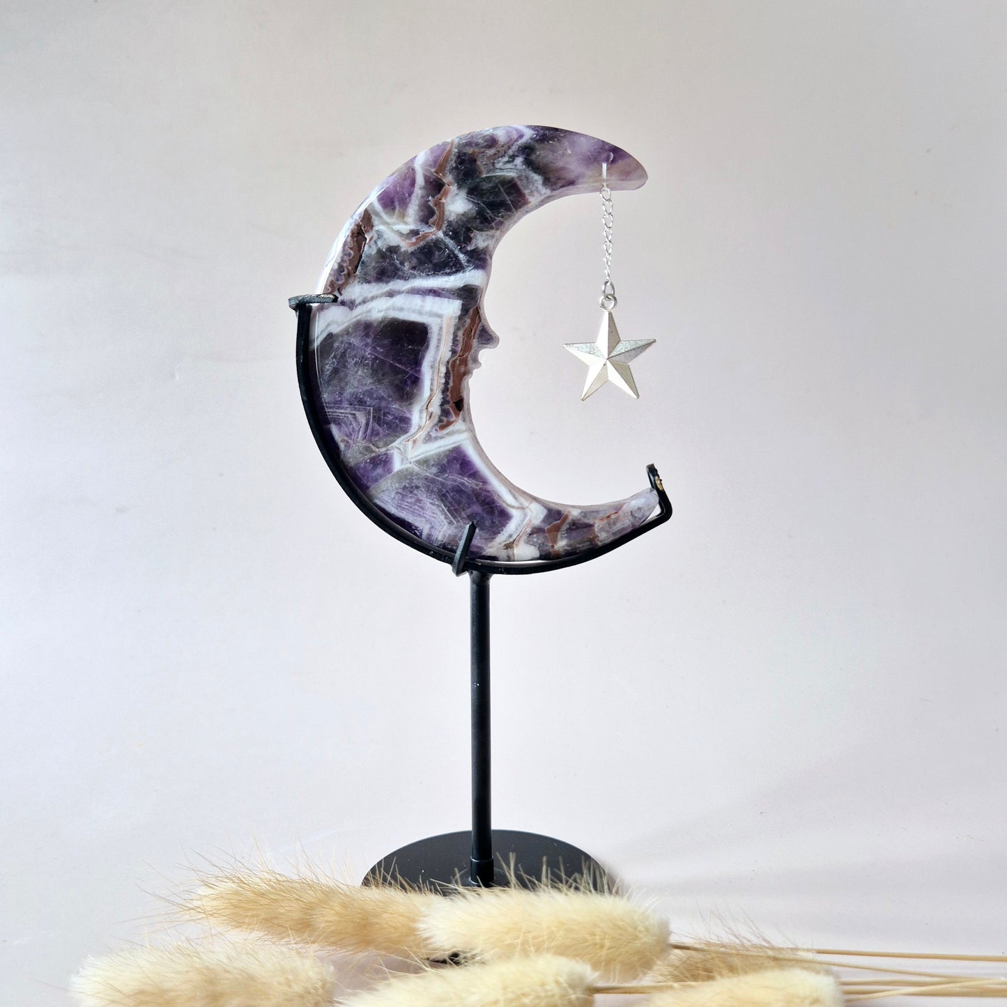 XL Gemstone Moss Agate Moon on Stand (Druzy & Patterns) #158 - 400g 12,7cm