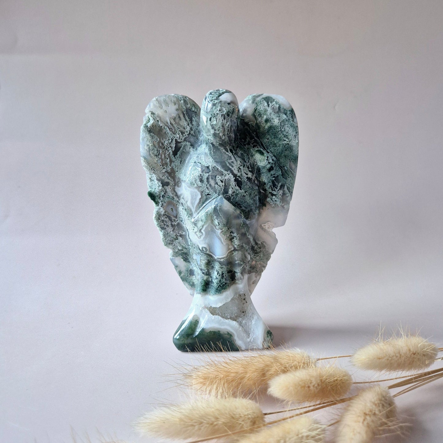 Edelstein Druzy Moosachat Herz auf Metallständer – Nr. 93 230 Gramm