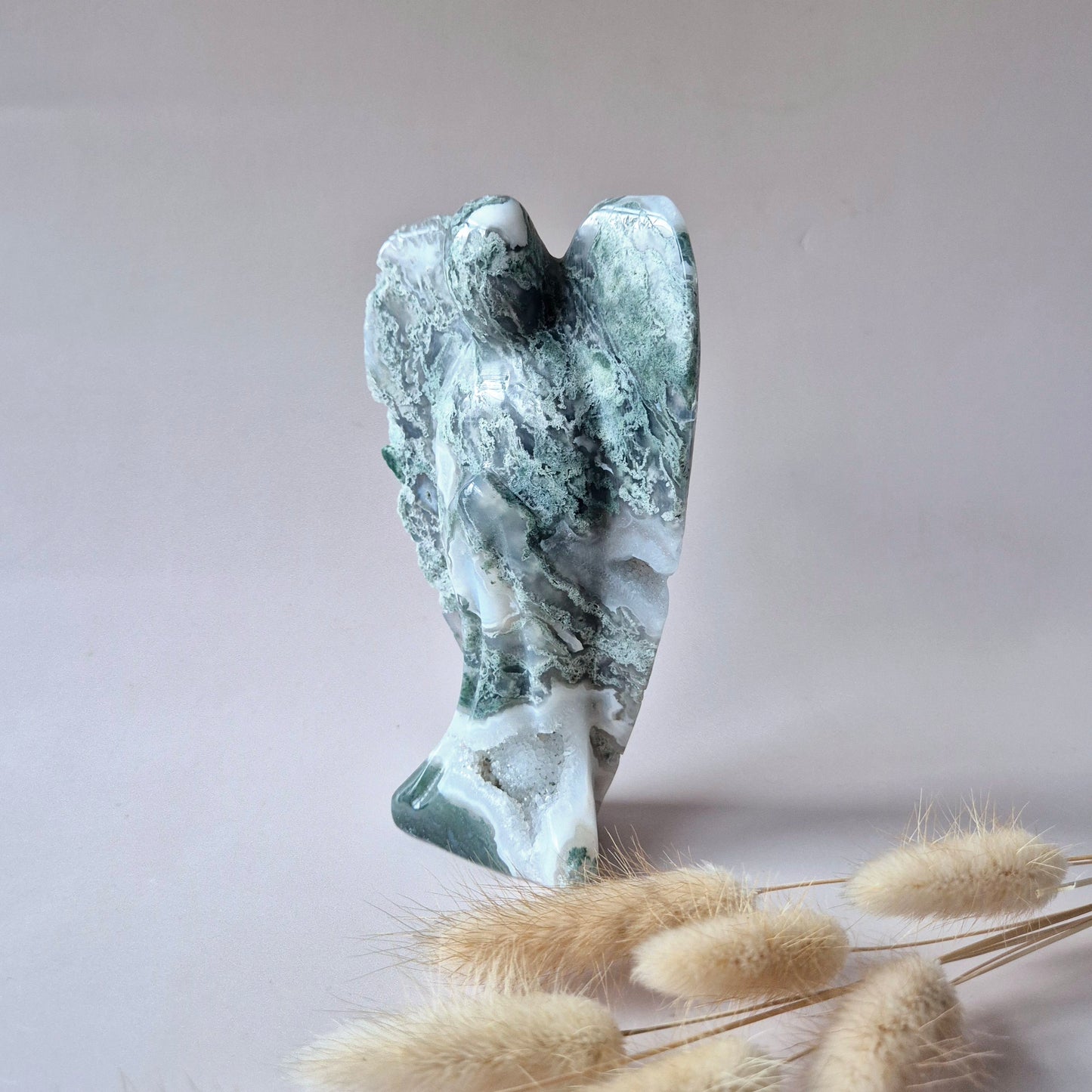 Edelstein Druzy Moosachat Herz auf Metallständer – Nr. 93 230 Gramm
