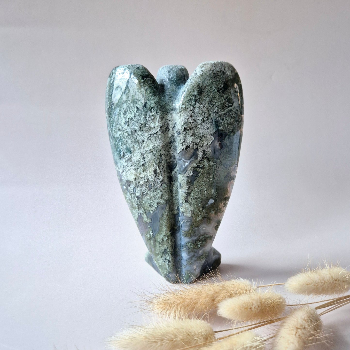 Edelstein Druzy Moosachat Herz auf Metallständer – Nr. 93 230 Gramm