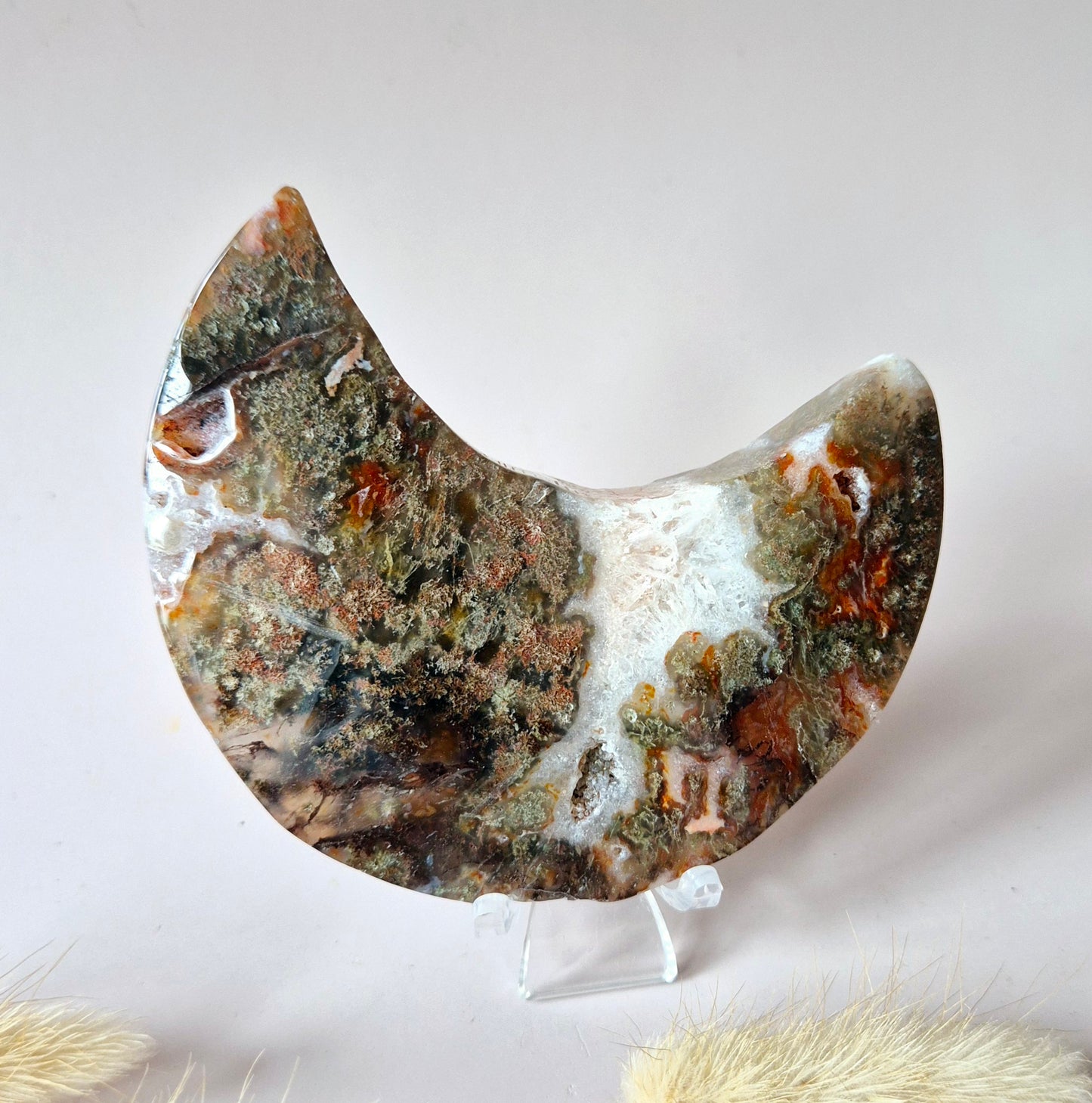 Red Druzy Moss Agate Moon (10-12 cm) on stand – #3