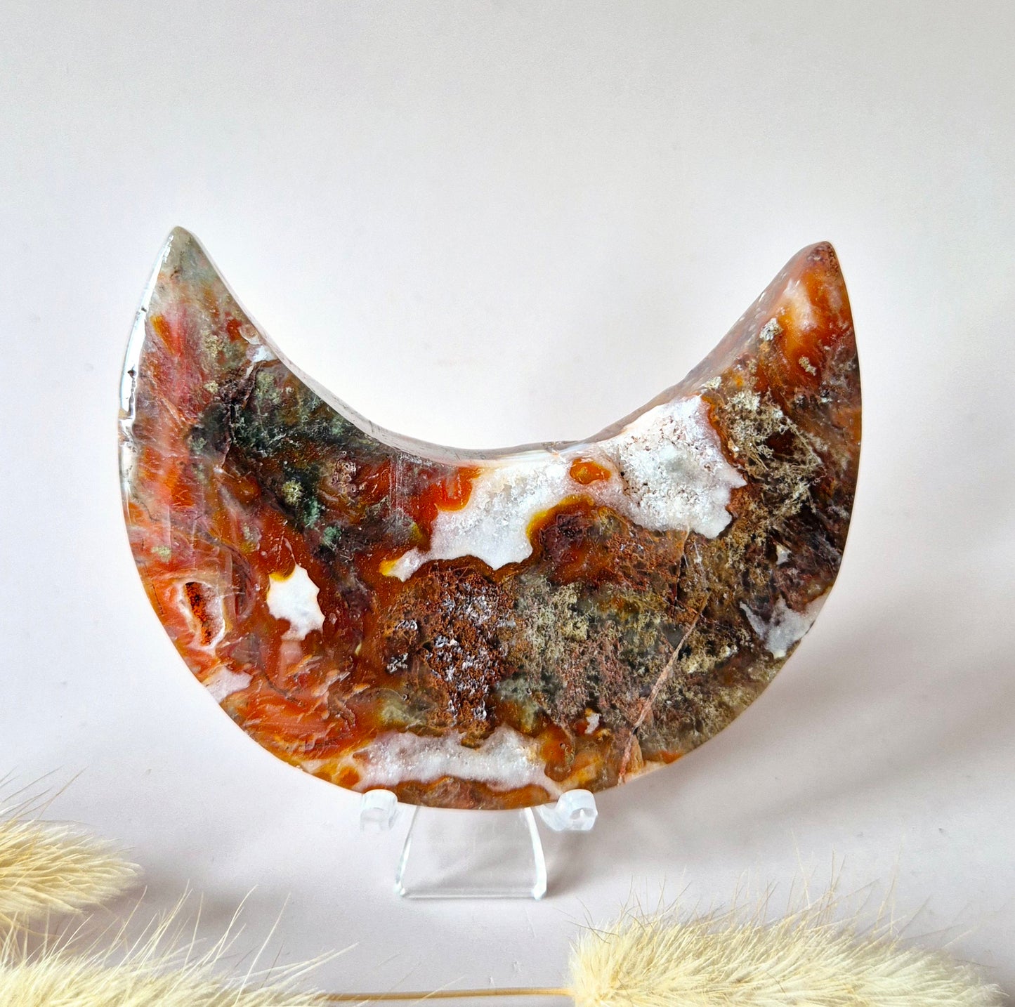 Red Druzy Moss Agate Moon (10-12 cm) on stand – #3