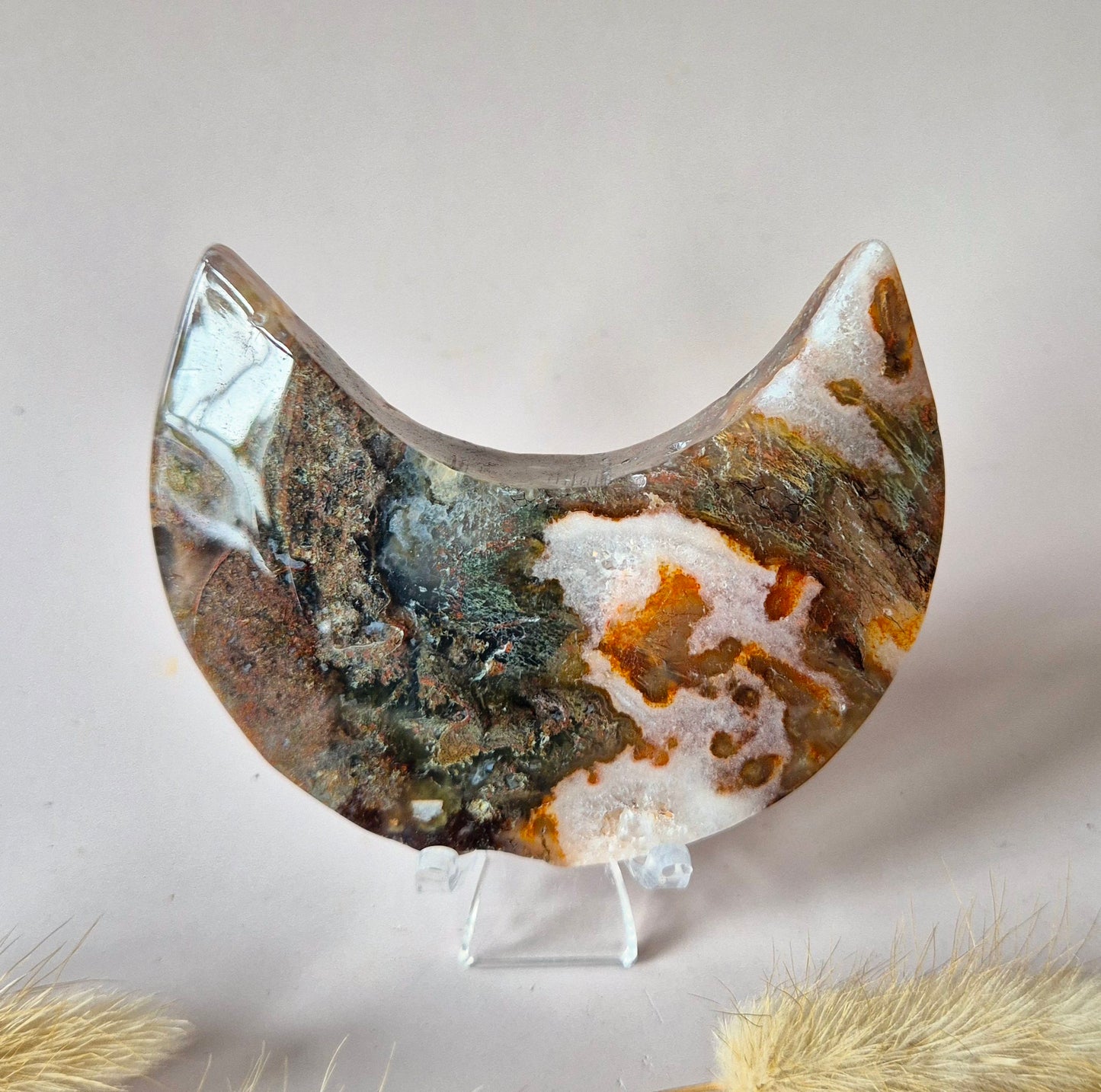 Red Druzy Moss Agate Moon (10-12 cm) on stand – #3