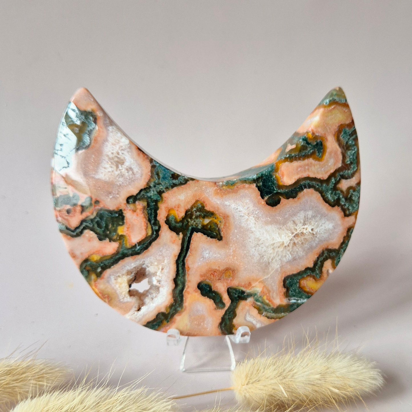 Roter Druzy-Moosachat-Mond (10-12 cm) auf Ständer – Nr. 3