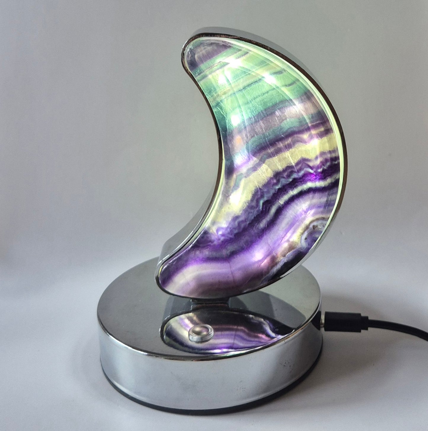Candy Fluoriet maanlamp op zilverkleurige basis – met dimbare LED & USB-aansluiting