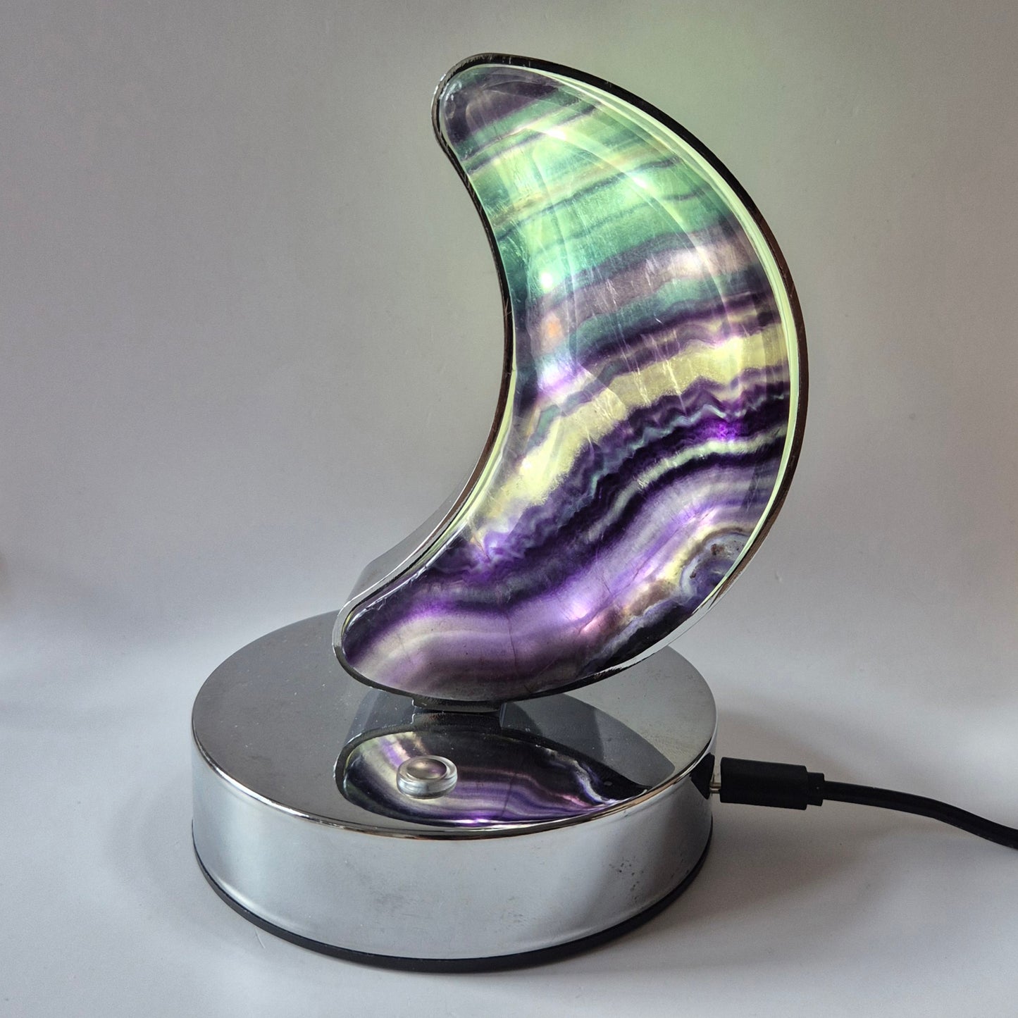 Candy Fluoriet maanlamp op zilverkleurige basis – met dimbare LED & USB-aansluiting