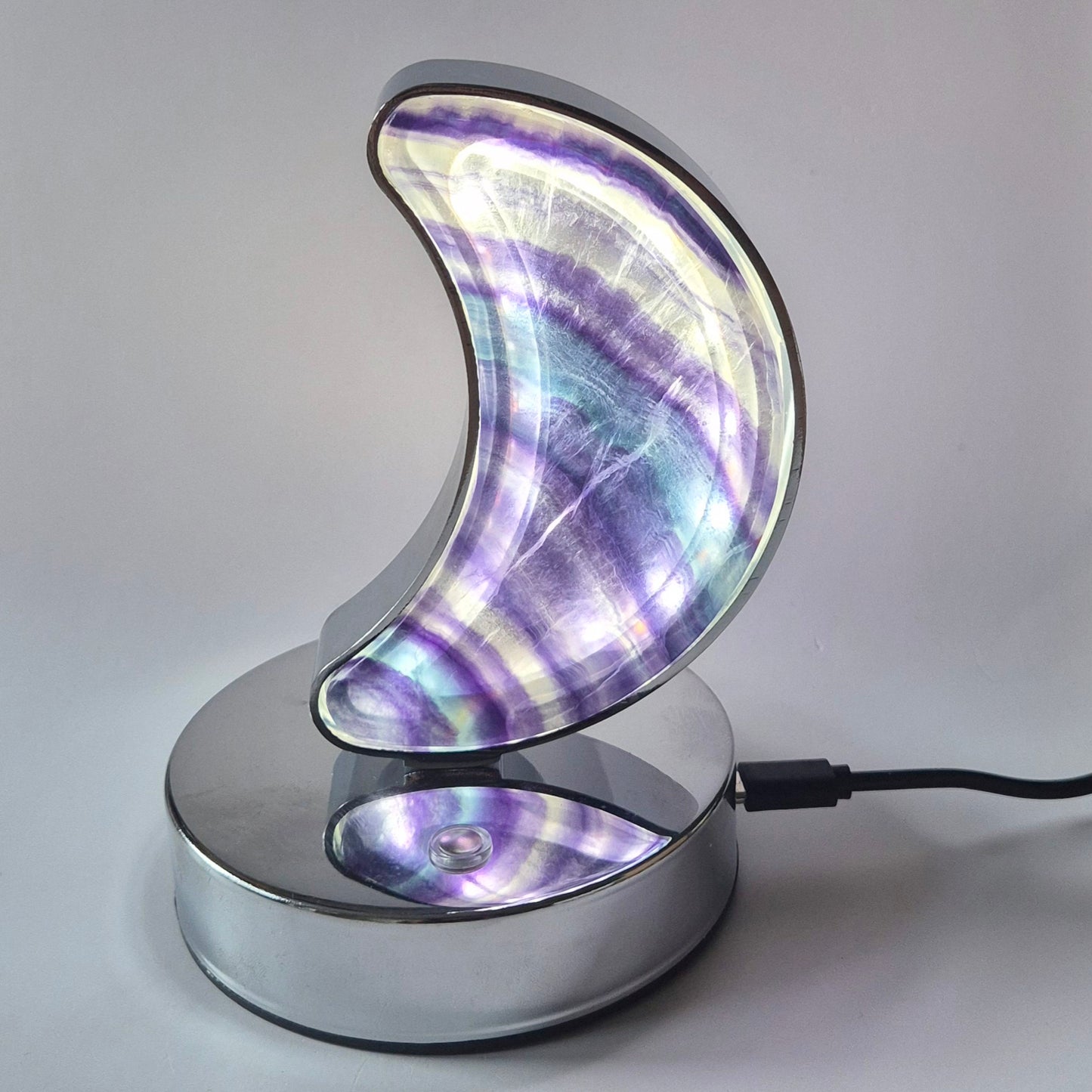 Candy Fluoriet maanlamp op zilverkleurige basis – met dimbare LED & USB-aansluiting