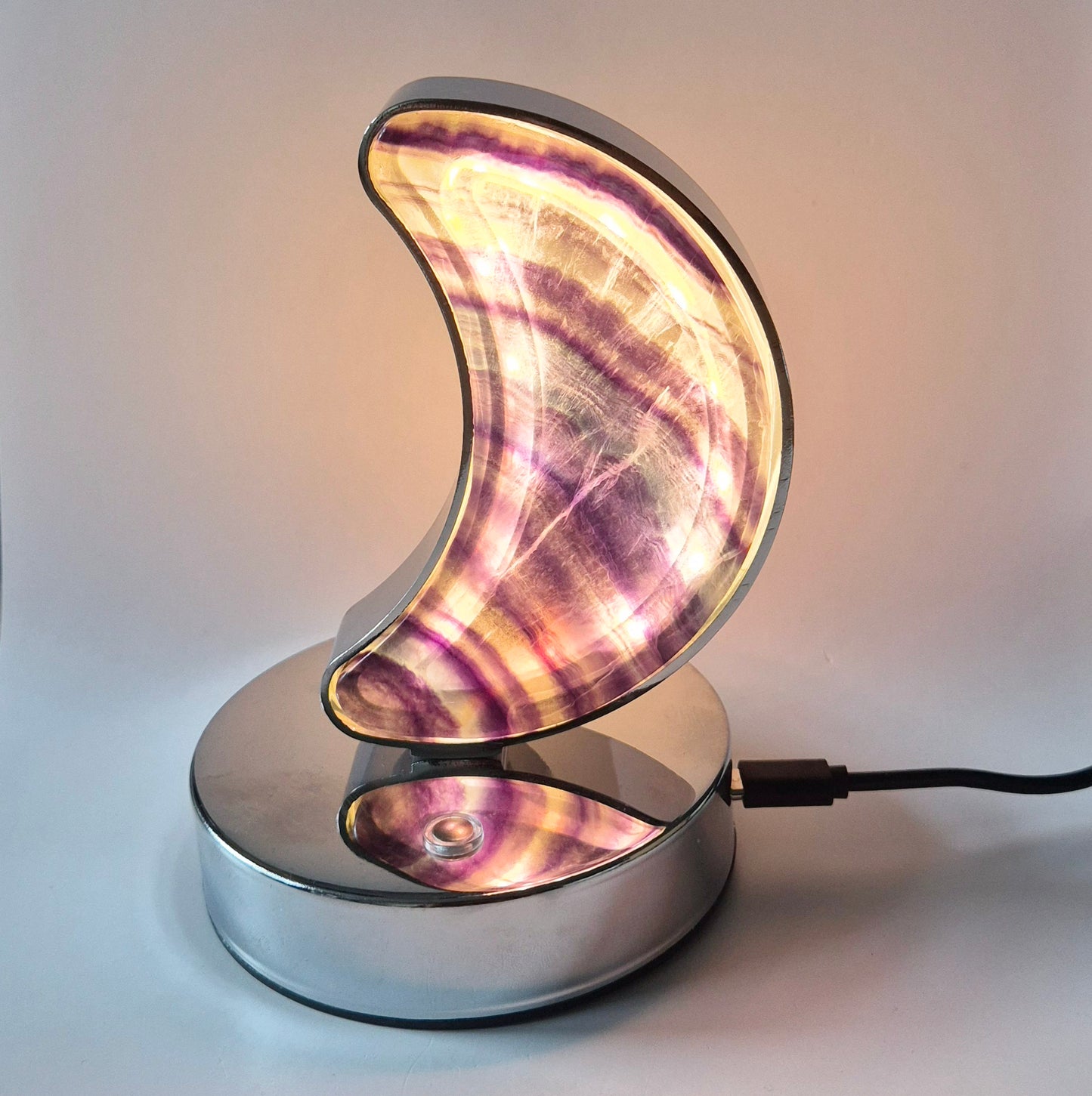 Candy Fluoriet maanlamp op zilverkleurige basis – met dimbare LED & USB-aansluiting