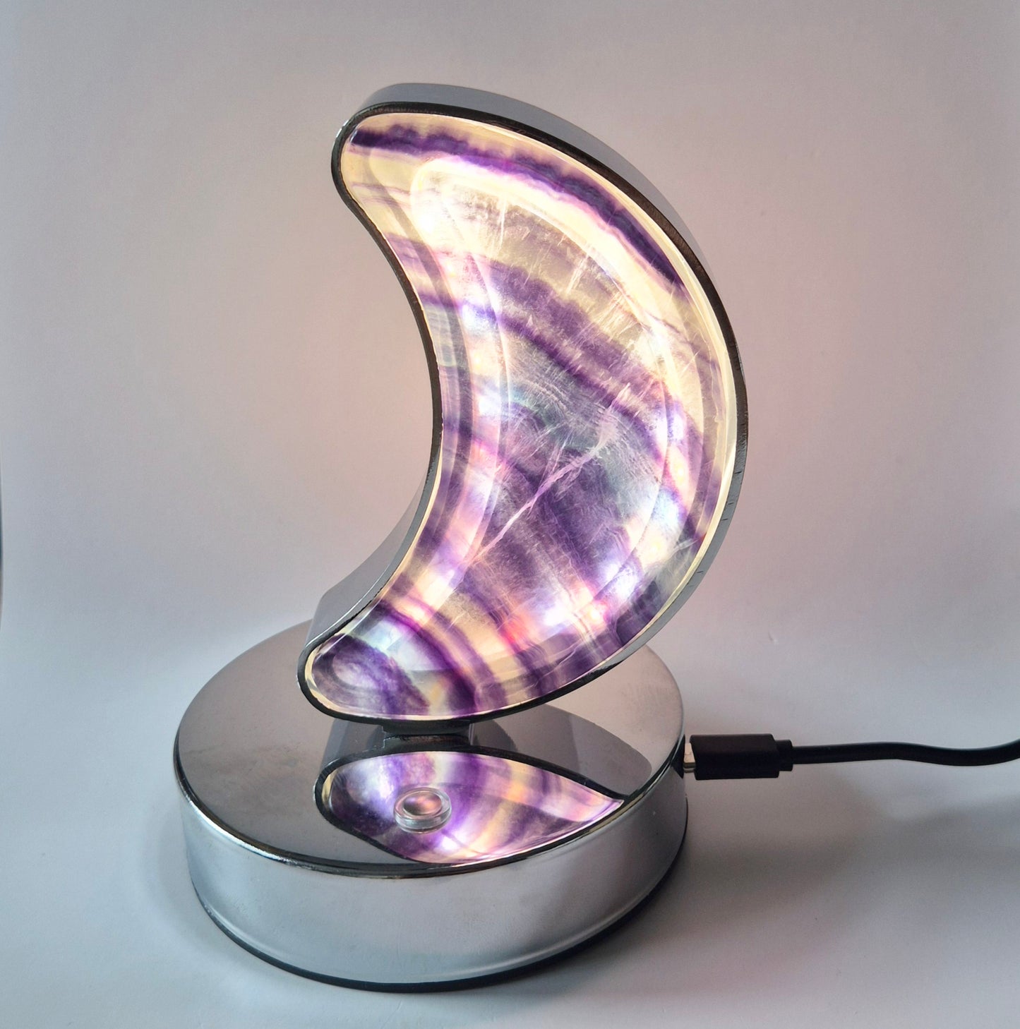 Candy Fluoriet maanlamp op zilverkleurige basis – met dimbare LED & USB-aansluiting