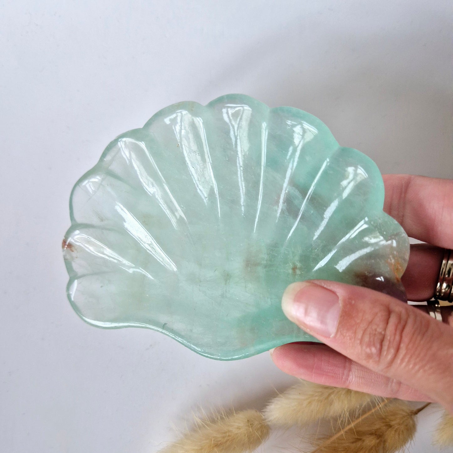 Edelsteen Carving Schaal Schelpvorm Groene Fluoriet #24 - Uniek Cadeau