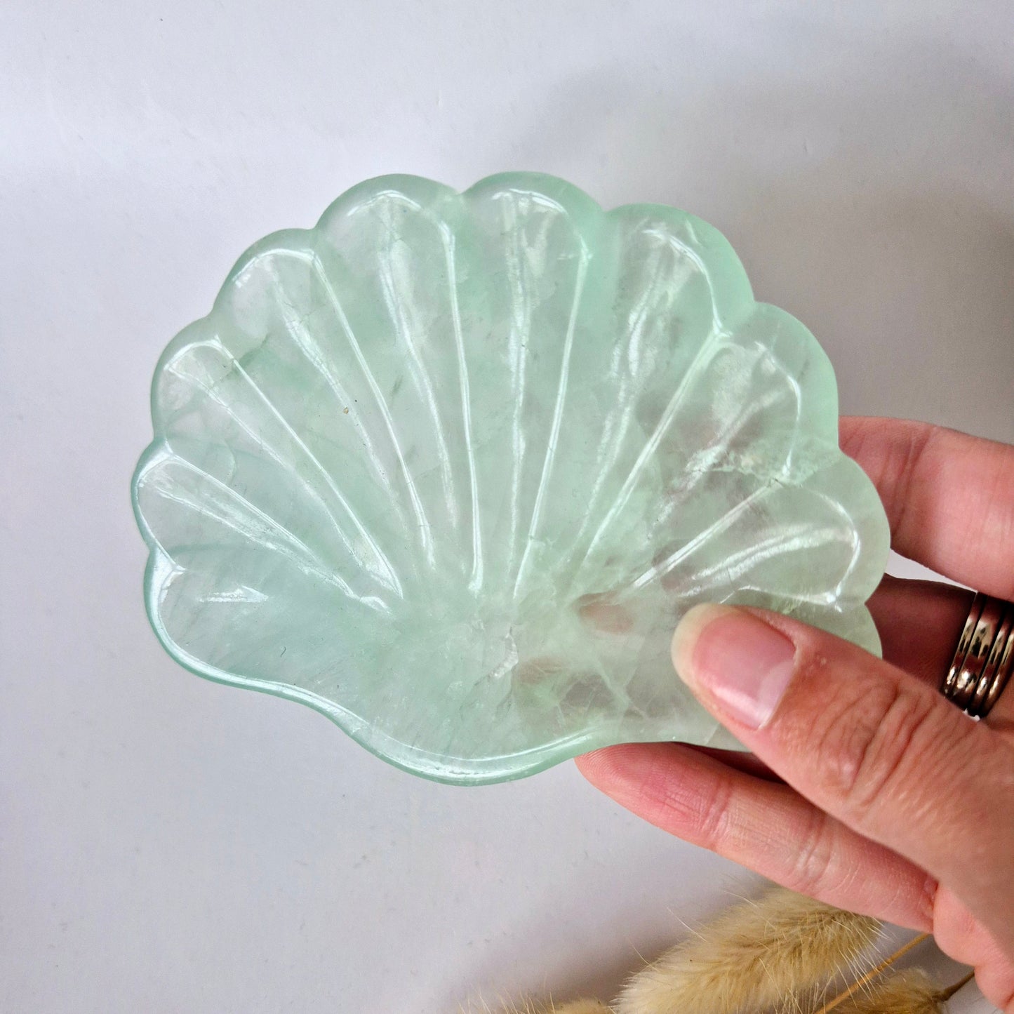 Edelsteen Carving Schaal Schelpvorm Groene Fluoriet #26 - Uniek Cadeau