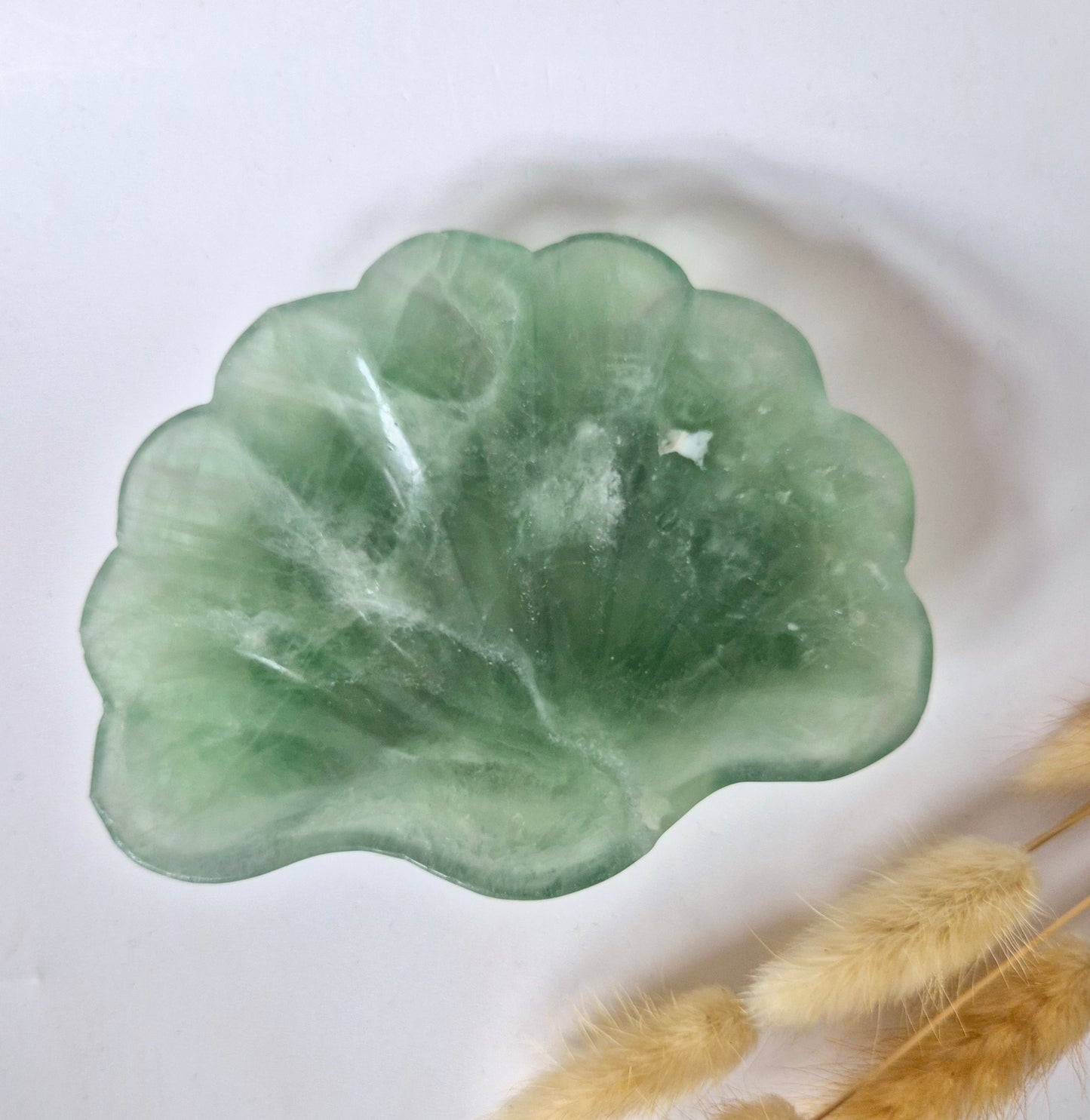 Edelsteen Carving Schaal Schelpvorm Groene Fluoriet #28 - Uniek Cadeau