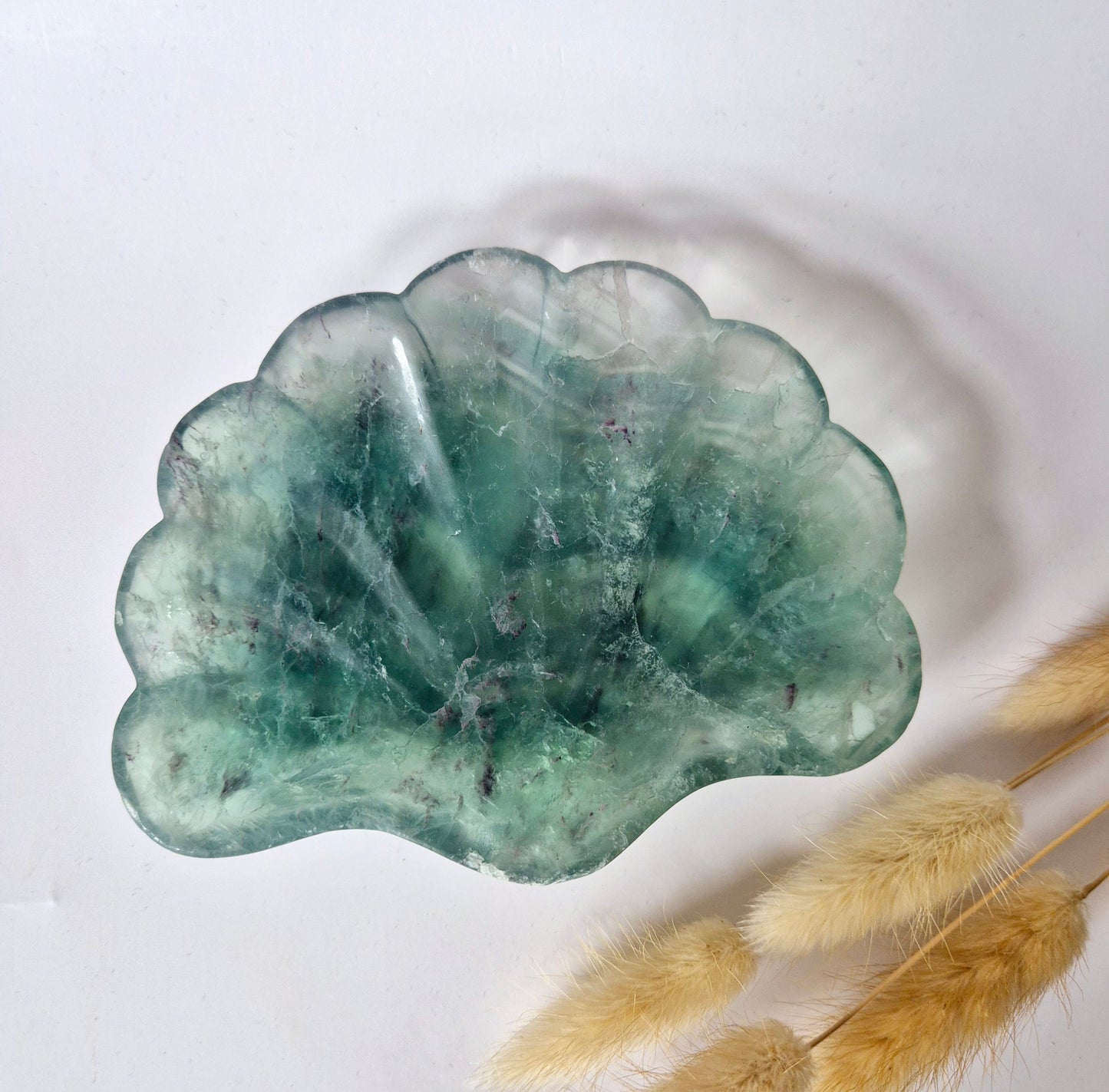 Edelsteen Carving Schaal Schelpvorm Groene Fluoriet #32 - Uniek Cadeau