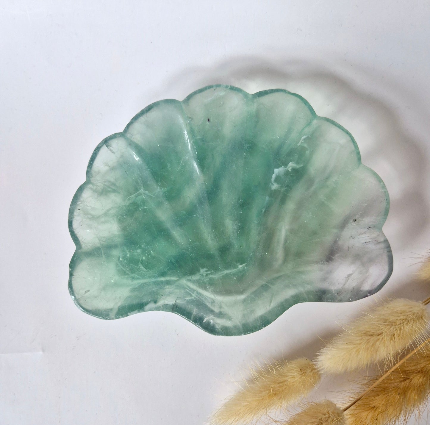 Edelsteen Carving Schaal Schelpvorm Groene Fluoriet #33 - Uniek Cadeau