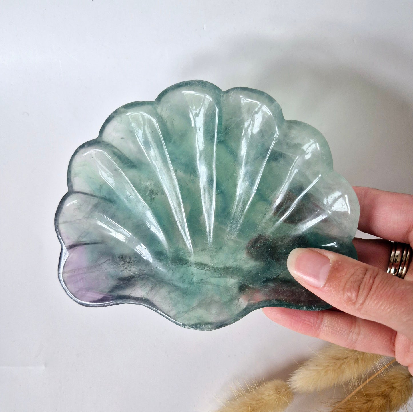 Edelsteen Carving Schaal Schelpvorm Paars/Groene Fluoriet #34 - Uniek Cadeau