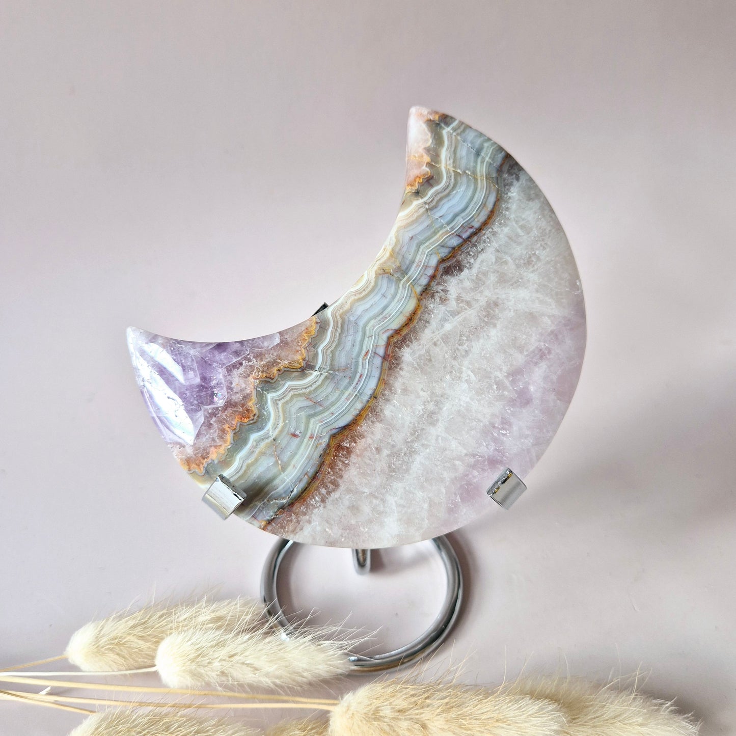 XL Amethist Agaat Edelsteen Maan (327g) – Inclusief Standaard