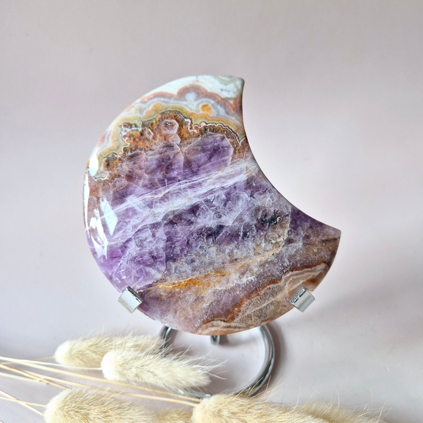 XL Amethist Agaat Edelsteen Maan (340g) – Inclusief Standaard