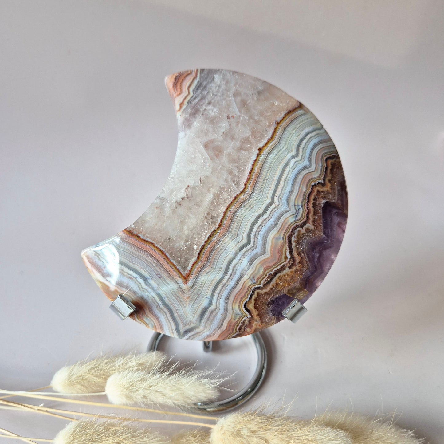 XL Amethist Agaat Edelsteen Maan (381g) – Inclusief Standaard