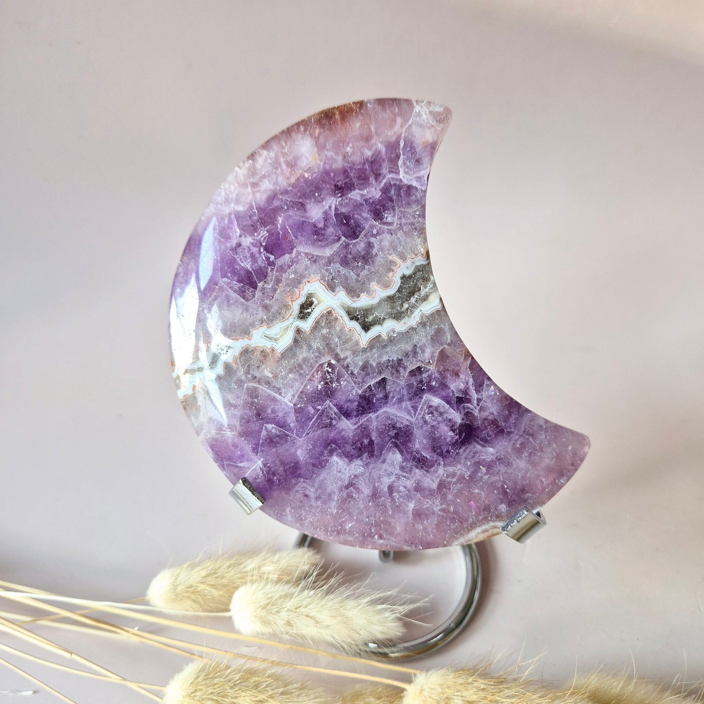 XL Amethist Agaat Edelsteen Maan (350g) – Inclusief Standaard