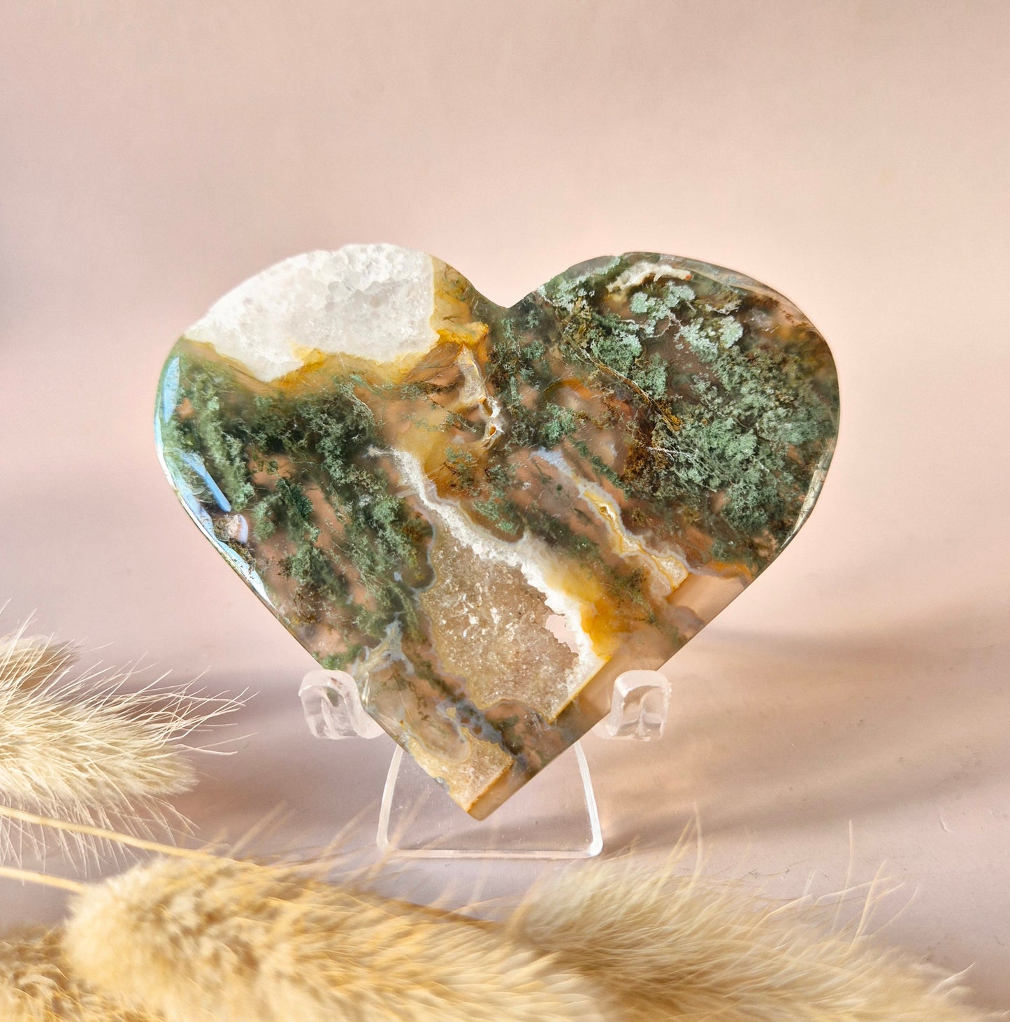 Edelstein Druzy Moosachat Herz auf Metallständer – Nr. 93 230 Gramm