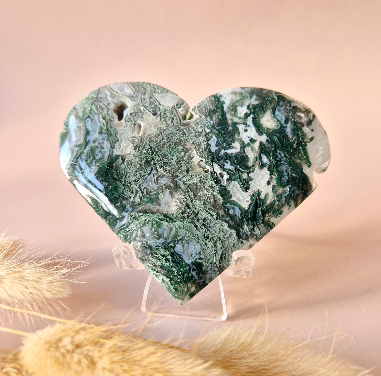 Edelstein Druzy Moosachat Herz auf Metallständer – Nr. 93 230 Gramm