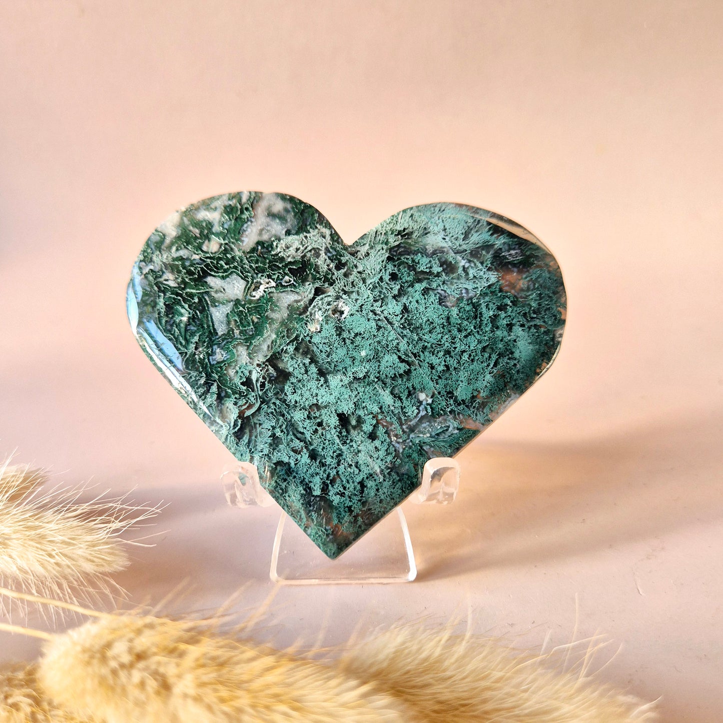 Edelstein Druzy Moosachat Herz auf Metallständer – Nr. 93 230 Gramm