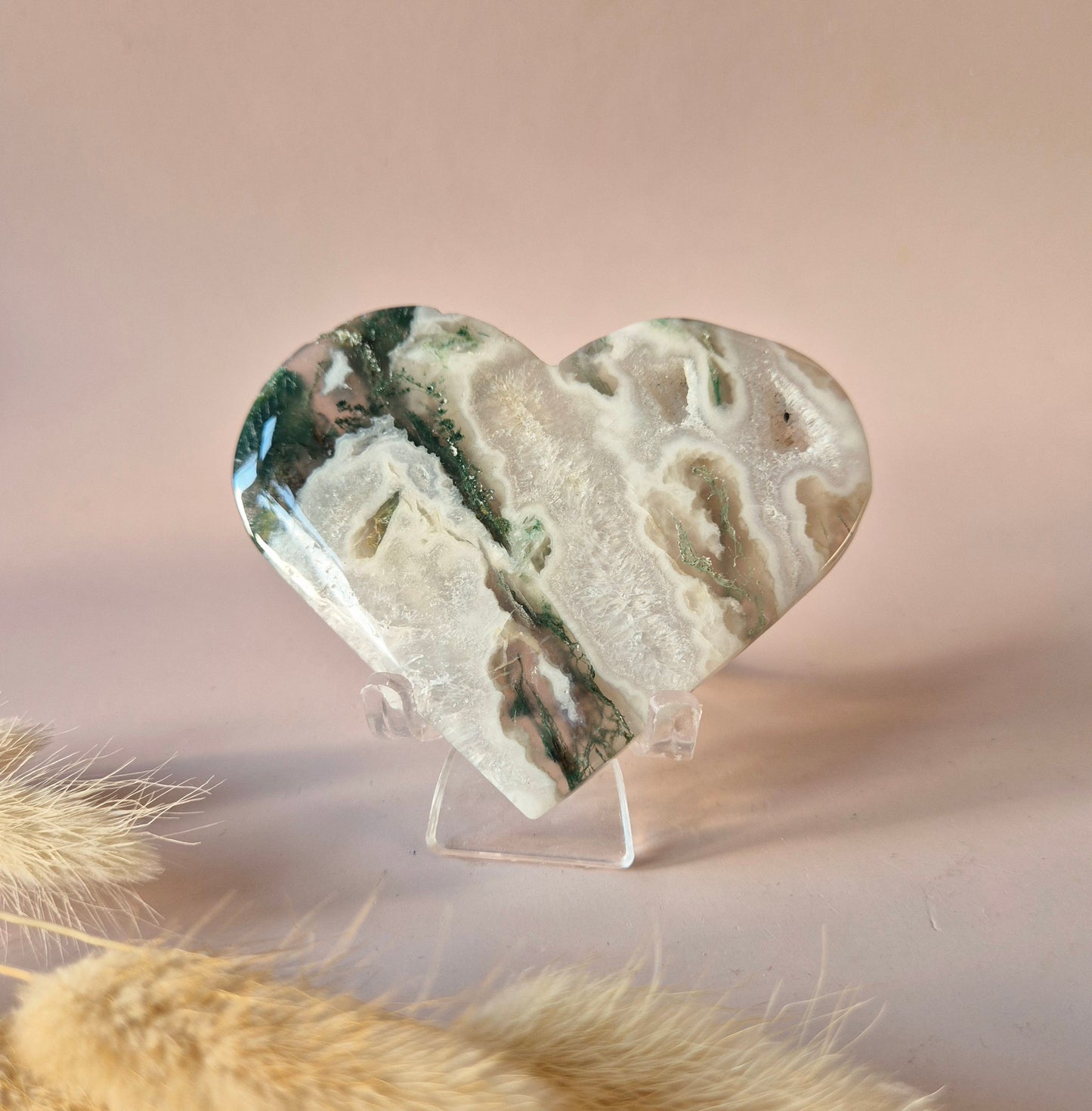 Edelstein Druzy Moosachat Herz auf Metallständer – Nr. 93 230 Gramm