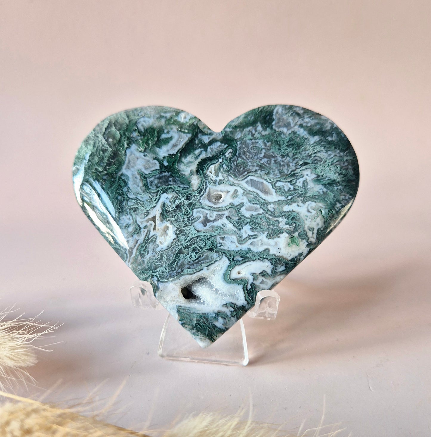 Edelstein Druzy Moosachat Herz auf Metallständer – Nr. 93 230 Gramm