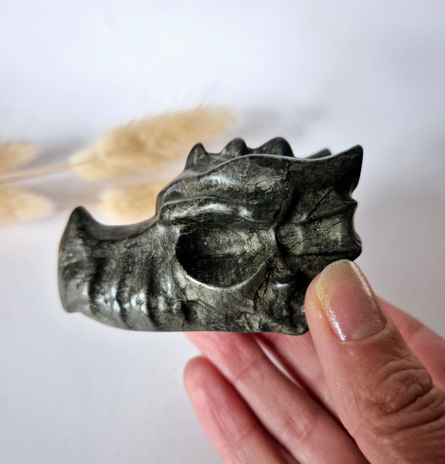 Edelsteen Drakenschedel van Pyriet – 7cm - Dragon Skull carving