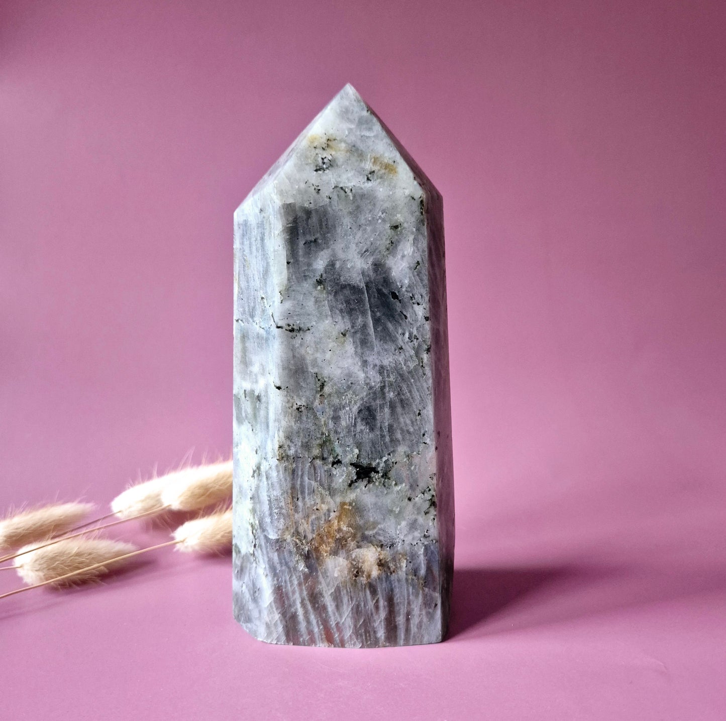 XL-Edelstein-Obeliskenturm aus Labradorit – 300 g – 10,6 cm | Super-Flash-Alarm!