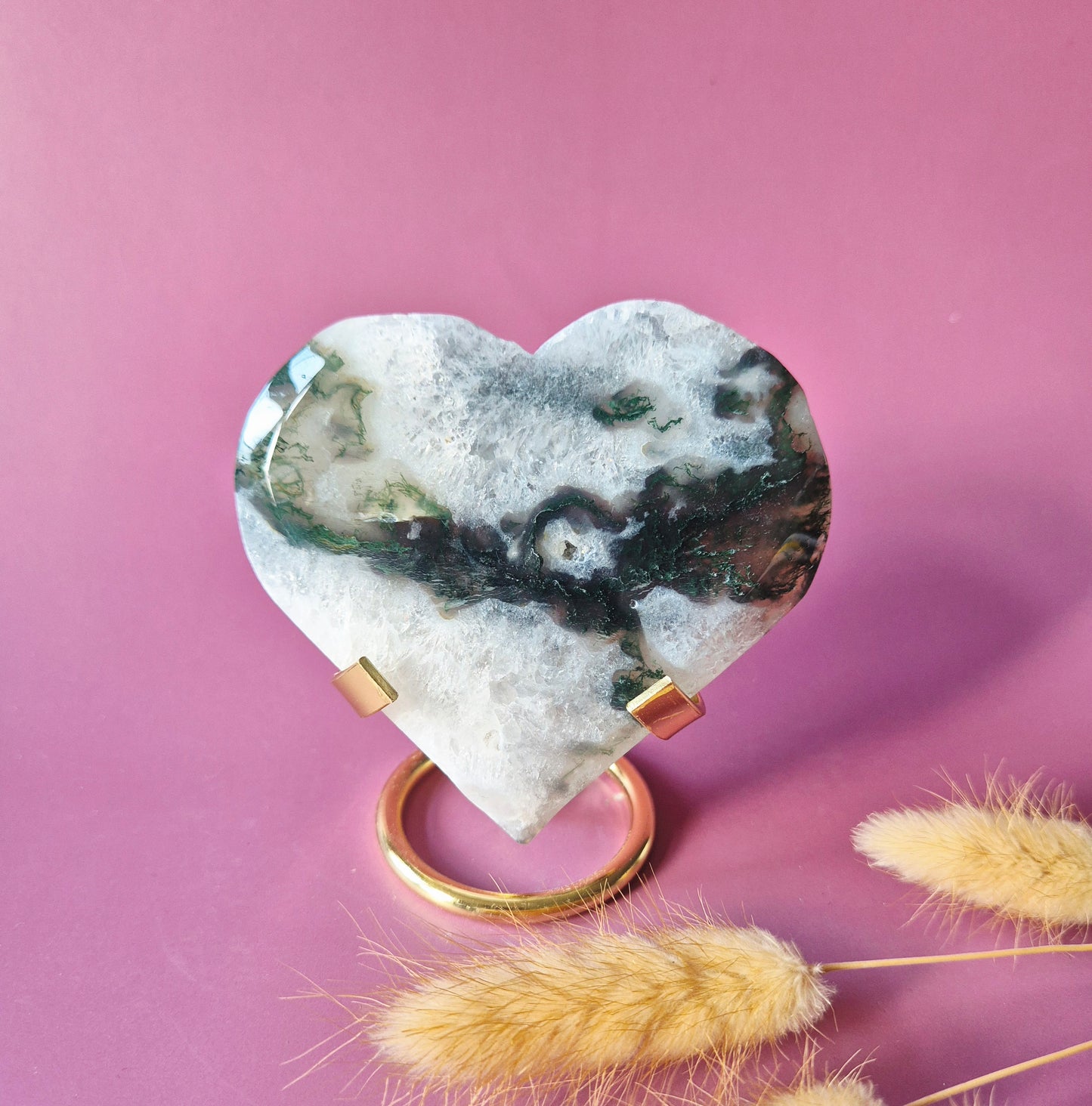 Edelstein Druzy Moosachat Herz auf Metallständer – Nr. 93 230 Gramm