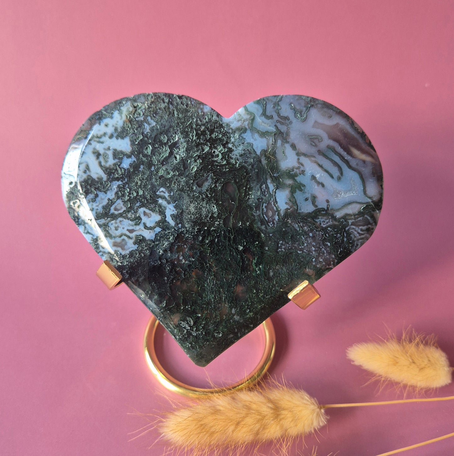 Edelstein Druzy Moosachat Herz auf Metallständer – Nr. 93 230 Gramm