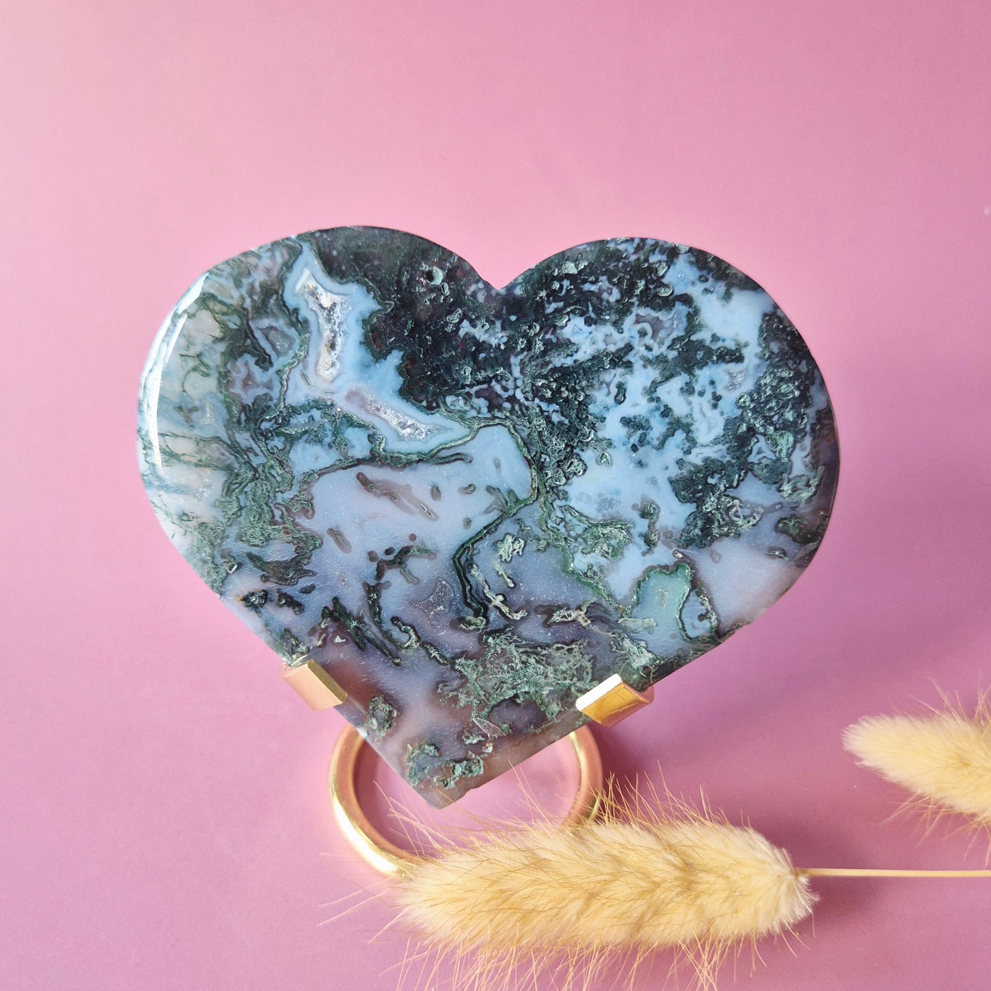 XL Edelsteen Druzy Mosagaat Hart op Metalen Standaard – #140 200gram