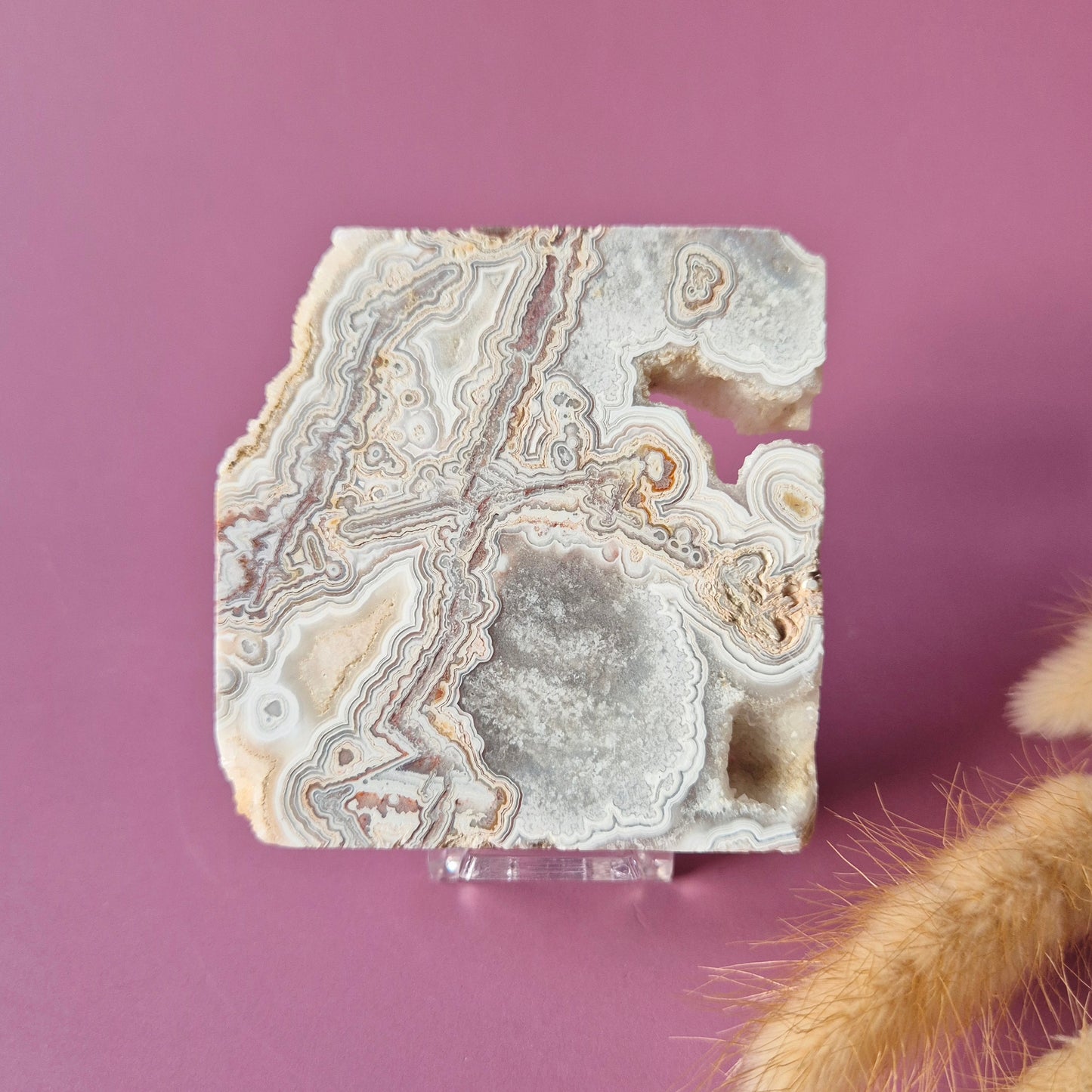 Crazy Lace Agate Slab op standaard – 112g (druzy edelsteen)