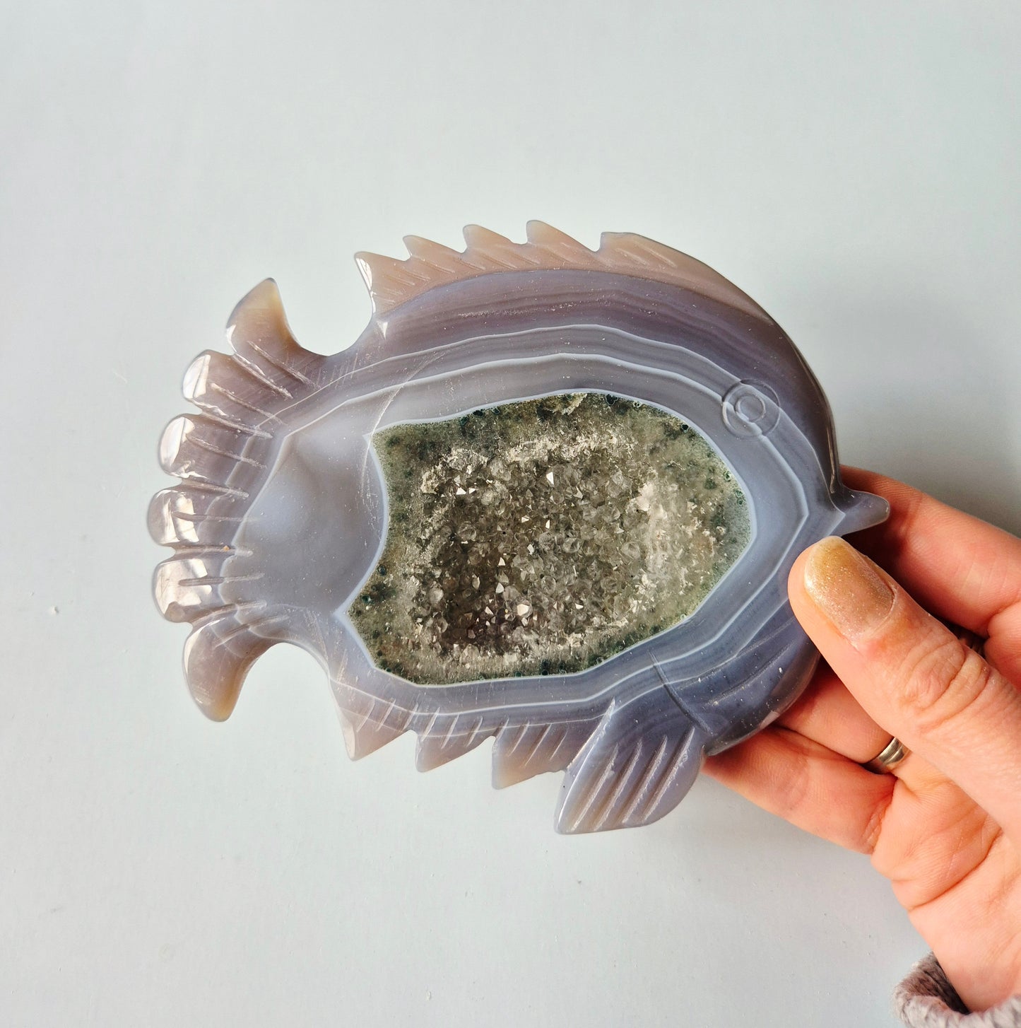 Grijze Druzy Agaat Vis Carving 13 x 10,8 cm | 262 gram