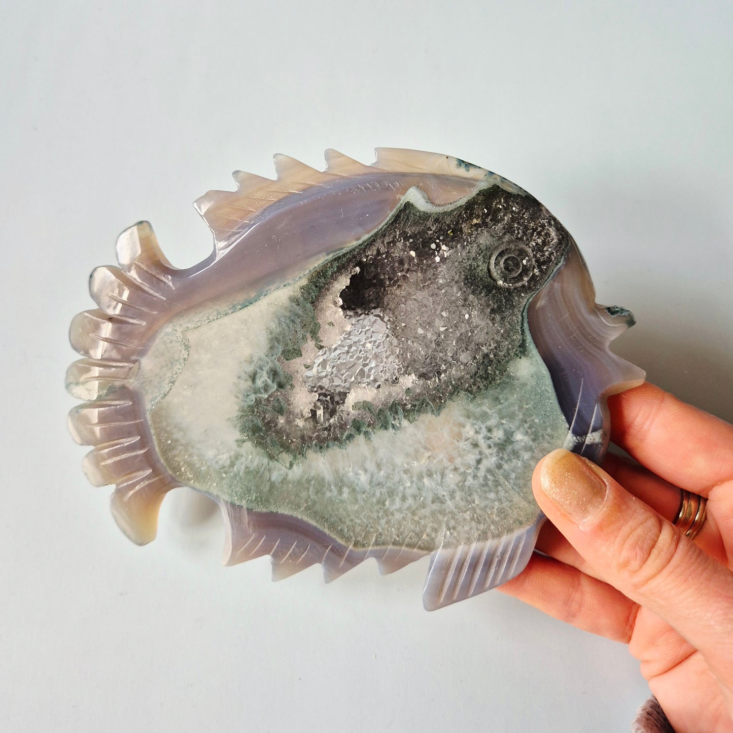 Grijze Druzy Agaat Vis Carving 11,7 x 8,8 cm | 189 gram