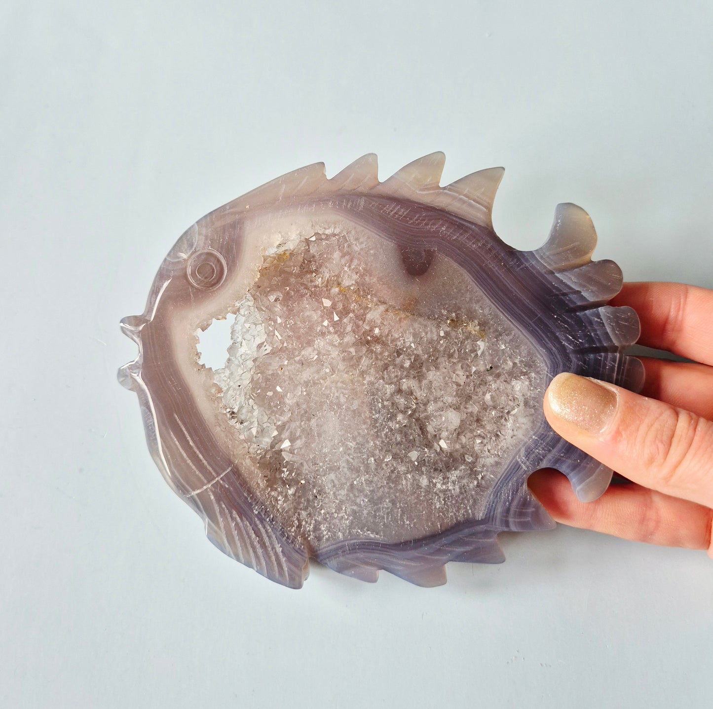 Grijze Druzy Agaat Vis Carving 13,4 x 11,2 cm | 277 gram