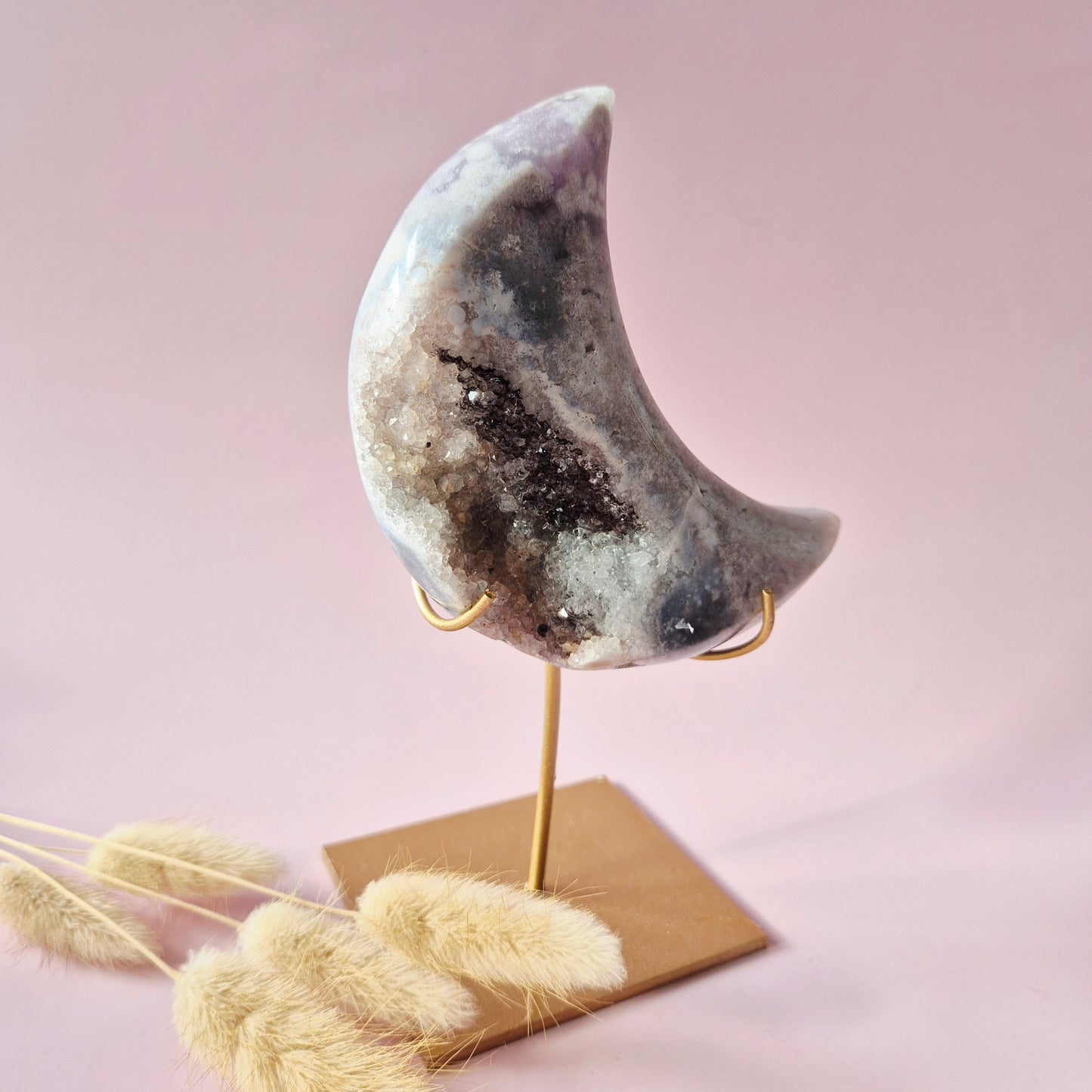 XL Edelsteen Druzy Pink Amethyst Maan – Hoge Kwaliteit #13 320g | incl. metalen standaard | uniek stuk Roze Amethist