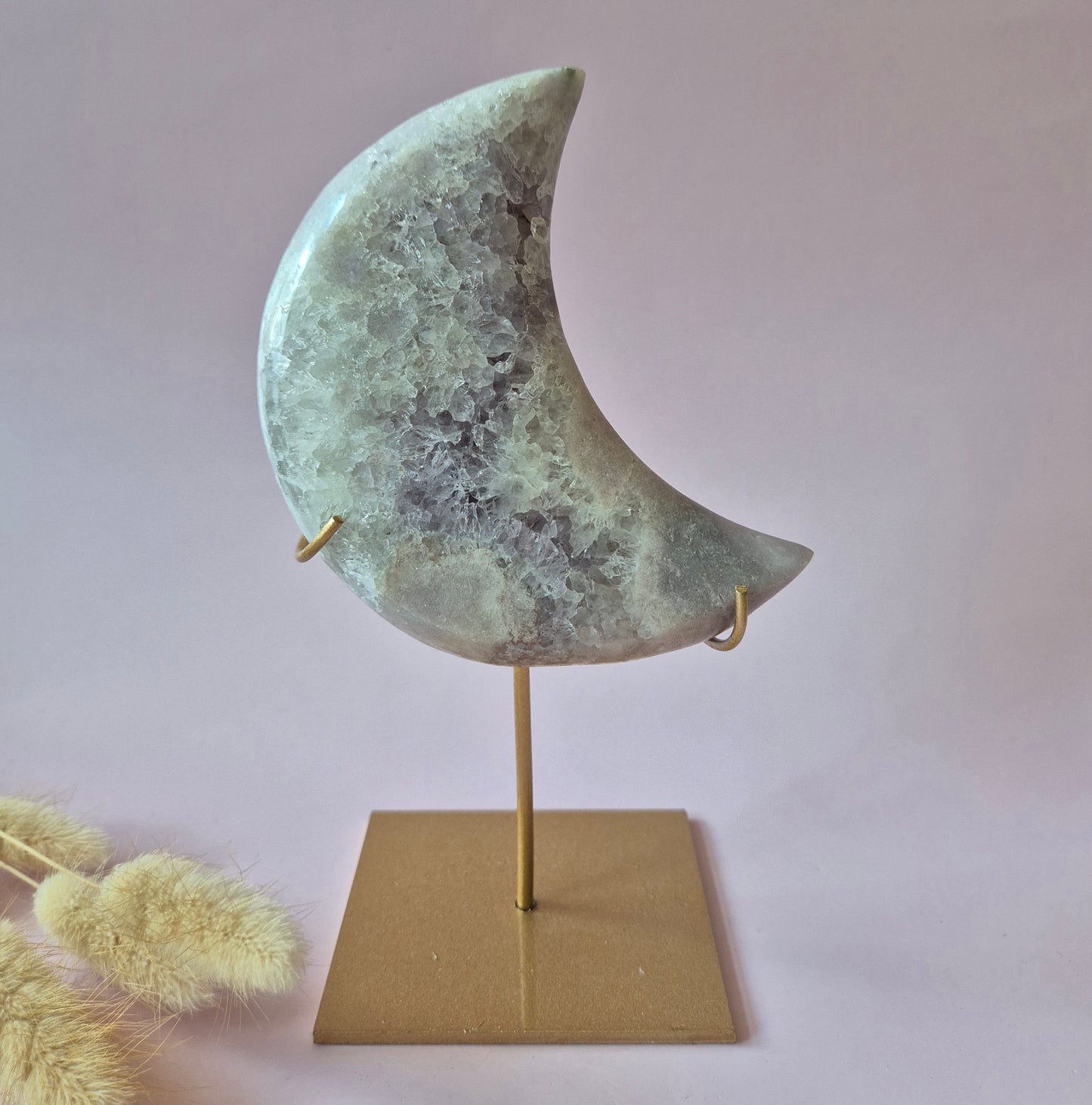 XL Edelsteen Druzy Pink Amethyst Maan – Hoge Kwaliteit #25 355g | incl. metalen standaard | uniek stuk Roze Amethist