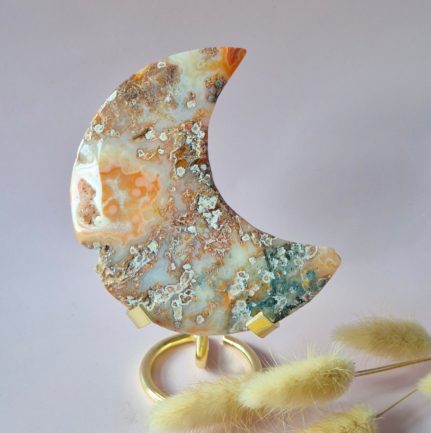 Roter Druzy-Moosachat-Mond (10-12 cm) auf Ständer – Nr. 3